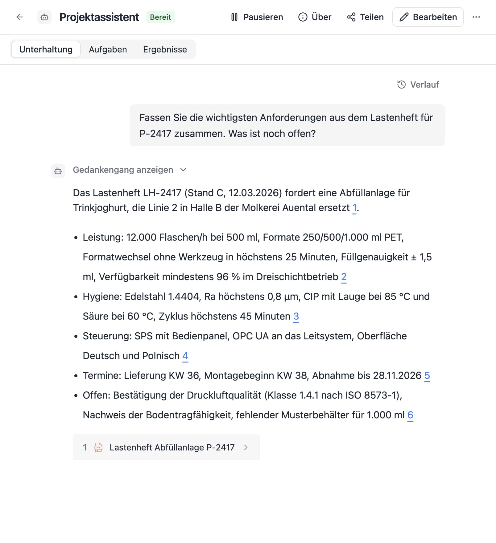 An agent in Thero answers the German question “Fassen Sie die wichtigsten Anforderungen aus dem Lastenheft für P-2417 zusammen. Was ist noch offen?” from sample documents and cites its sources.