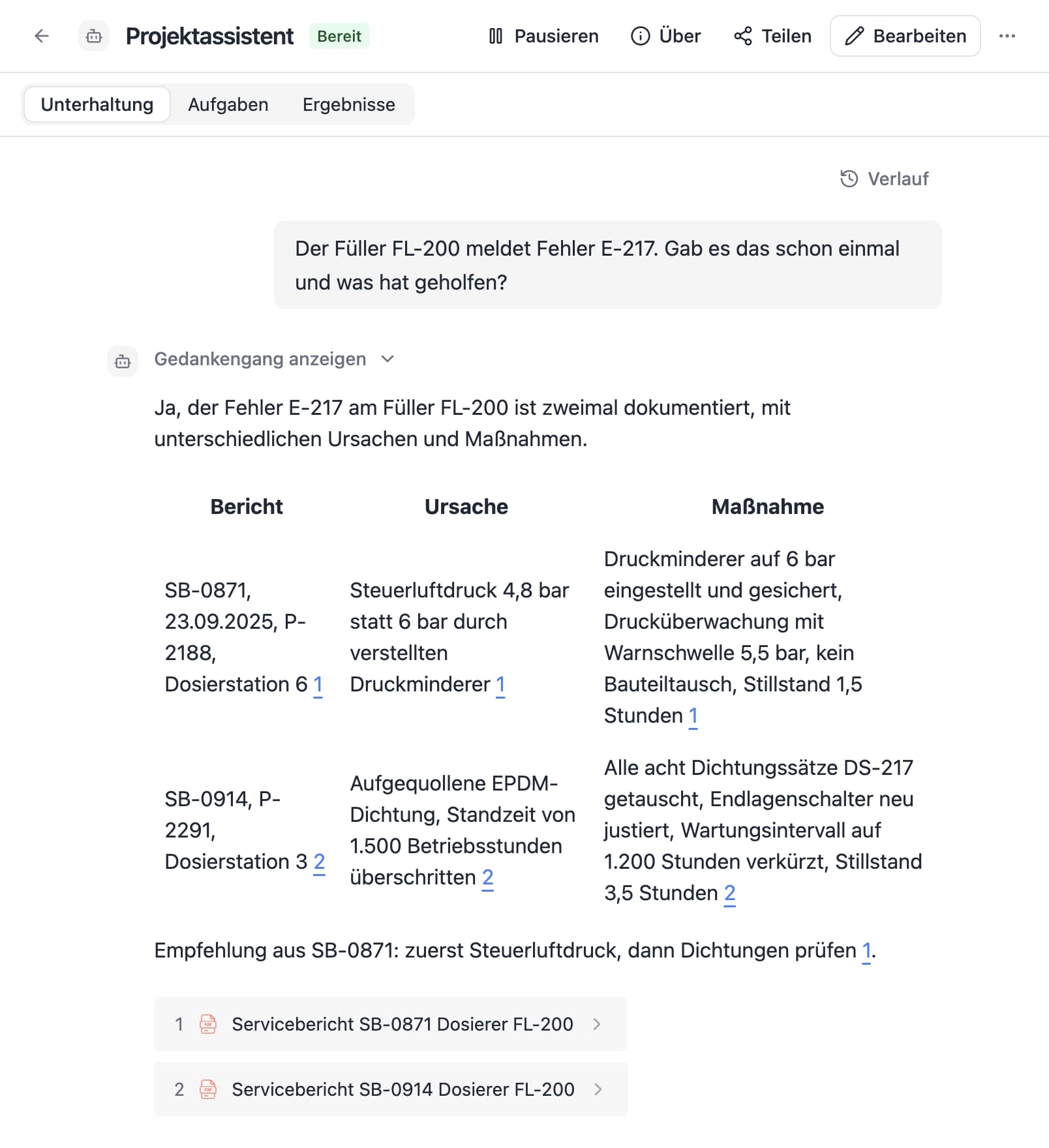 An agent in Thero answers the German question “Der Füller FL-200 meldet Fehler E-217. Gab es das schon einmal und was hat geholfen?” from sample documents and cites its sources.
