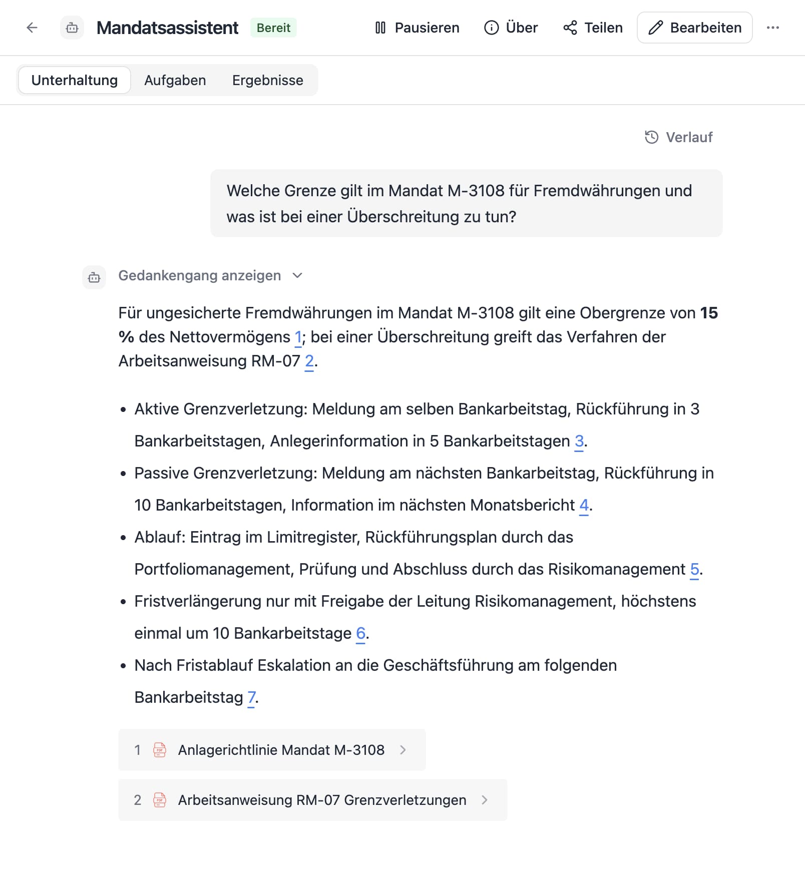 Ein Agent in Thero beantwortet die Frage „Welche Grenze gilt im Mandat M-3108 für Fremdwährungen und was ist bei einer Überschreitung zu tun?“ aus Beispieldokumenten und nennt die Quellen.