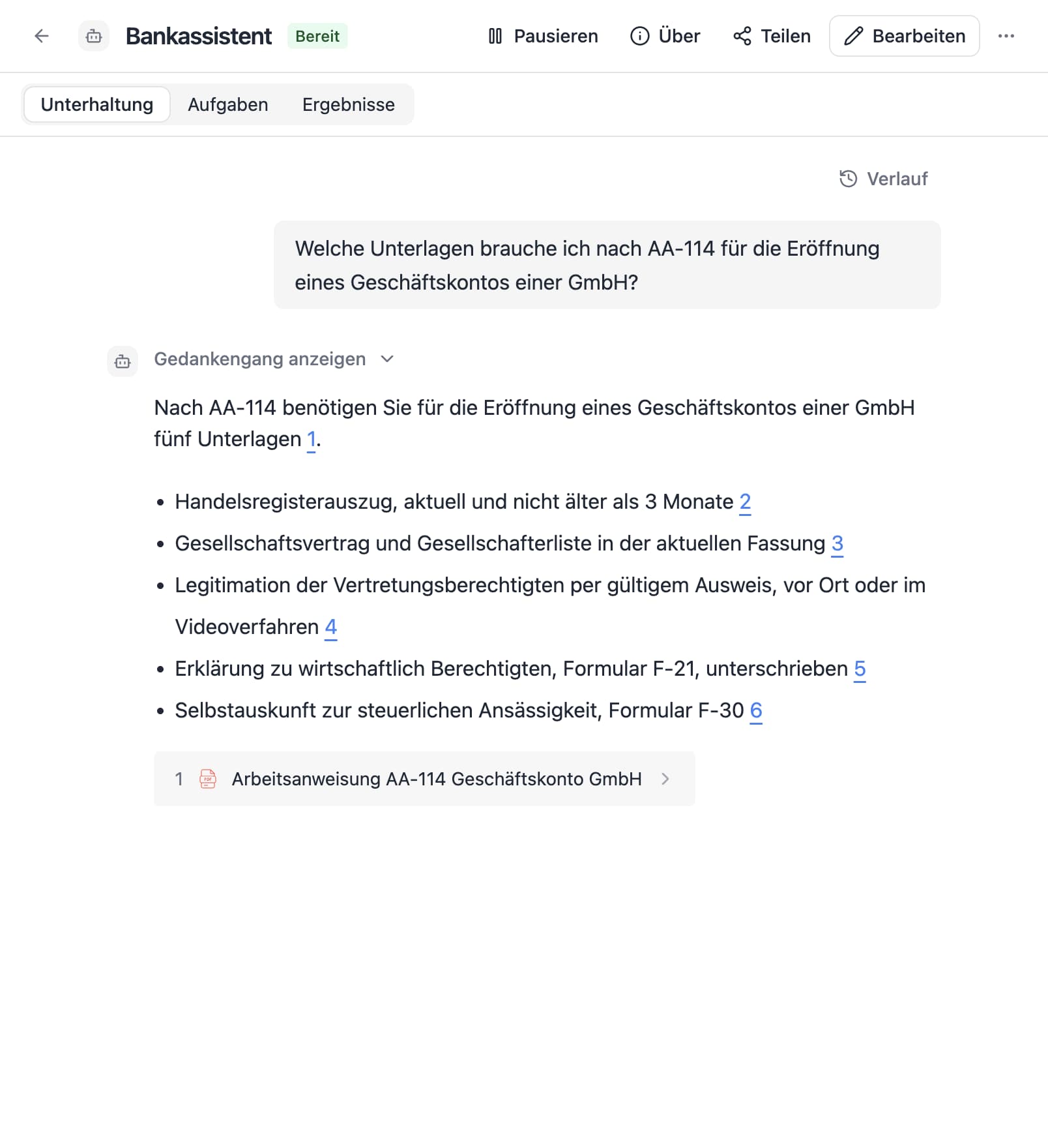 An agent in Thero answers the German question “Welche Unterlagen brauche ich nach AA-114 für die Eröffnung eines Geschäftskontos einer GmbH?” from sample documents and cites its sources.