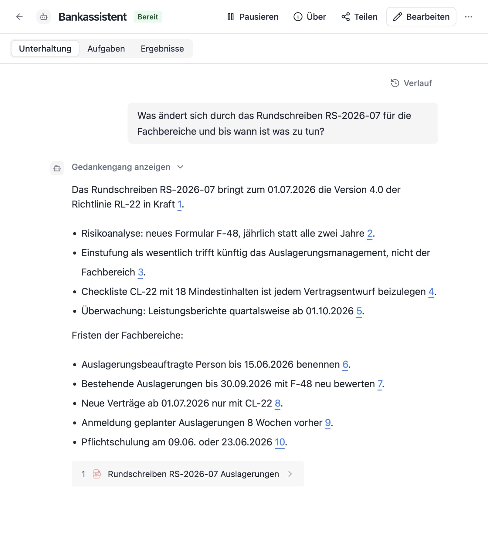 An agent in Thero answers the German question “Was ändert sich durch das Rundschreiben RS-2026-07 für die Fachbereiche und bis wann ist was zu tun?” from sample documents and cites its sources.