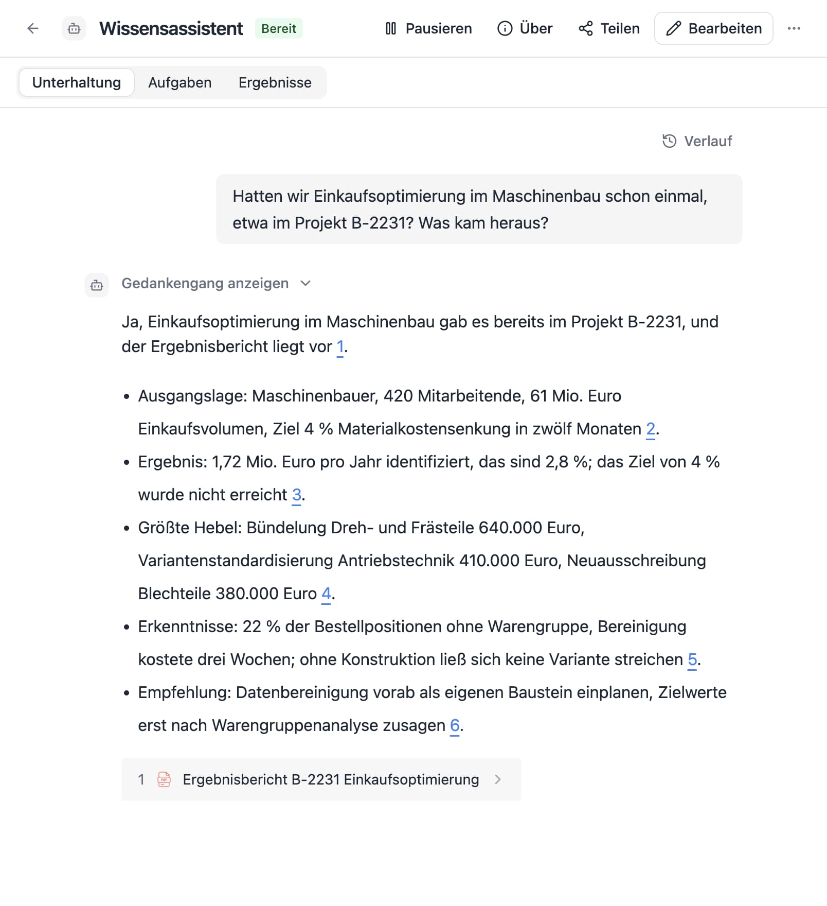 Ein Agent in Thero beantwortet die Frage „Hatten wir Einkaufsoptimierung im Maschinenbau schon einmal, etwa im Projekt B-2231? Was kam heraus?“ aus Beispieldokumenten und nennt die Quellen.