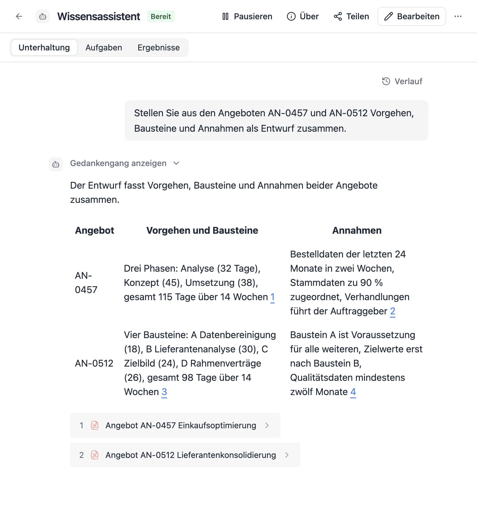Ein Agent in Thero beantwortet die Frage „Stellen Sie aus den Angeboten AN-0457 und AN-0512 Vorgehen, Bausteine und Annahmen als Entwurf zusammen.“ aus Beispieldokumenten und nennt die Quellen.