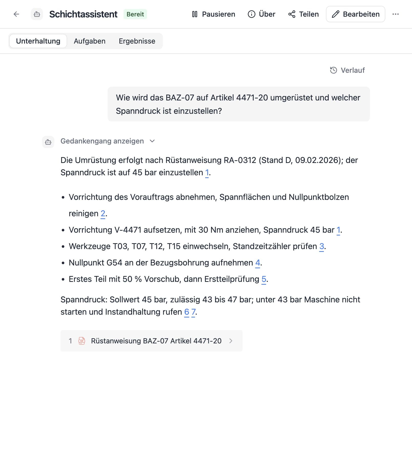 Ein Agent in Thero beantwortet die Frage „Wie wird das BAZ-07 auf Artikel 4471-20 umgerüstet und welcher Spanndruck ist einzustellen?“ aus Beispieldokumenten und nennt die Quellen.