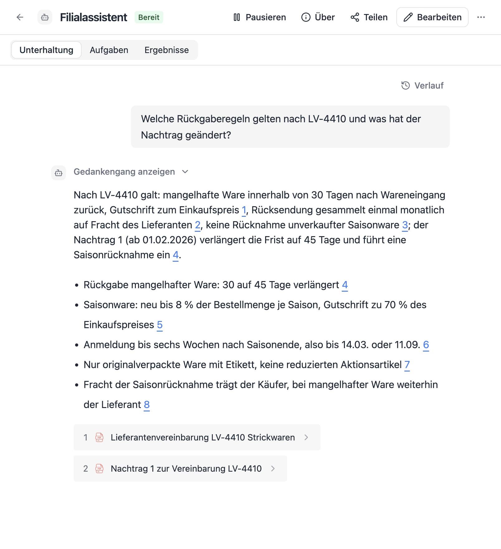 Ein Agent in Thero beantwortet die Frage „Welche Rückgaberegeln gelten nach LV-4410 und was hat der Nachtrag geändert?“ aus Beispieldokumenten und nennt die Quellen.
