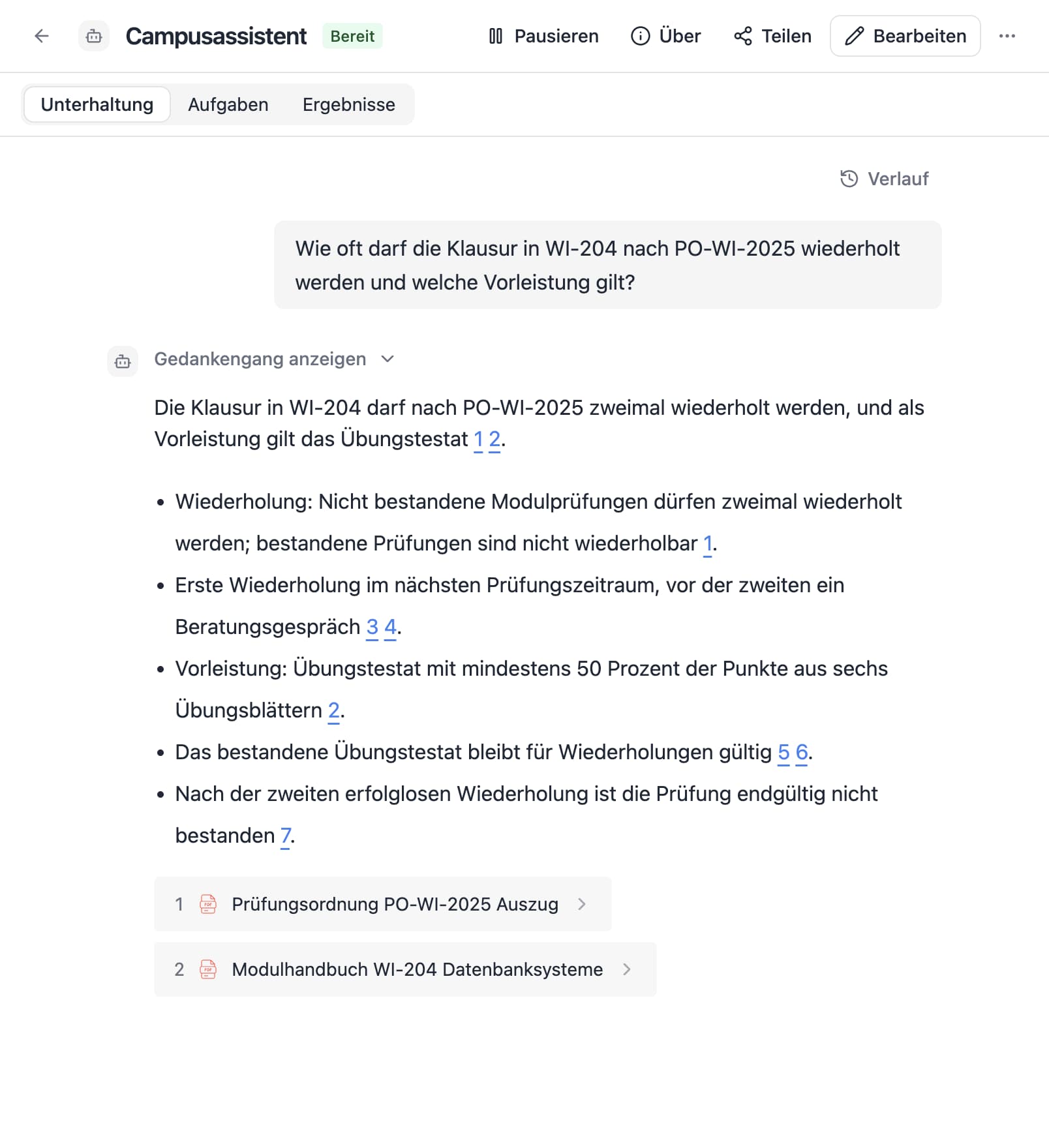 An agent in Thero answers the German question “Wie oft darf die Klausur in WI-204 nach PO-WI-2025 wiederholt werden und welche Vorleistung gilt?” from sample documents and cites its sources.