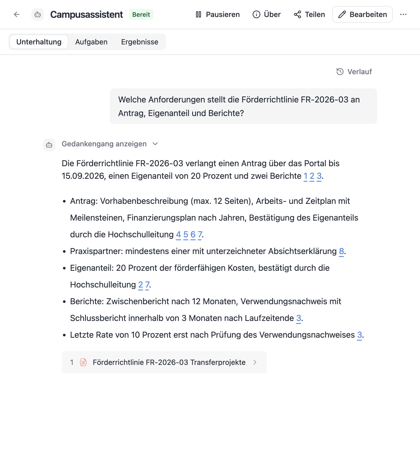 An agent in Thero answers the German question “Welche Anforderungen stellt die Förderrichtlinie FR-2026-03 an Antrag, Eigenanteil und Berichte?” from sample documents and cites its sources.