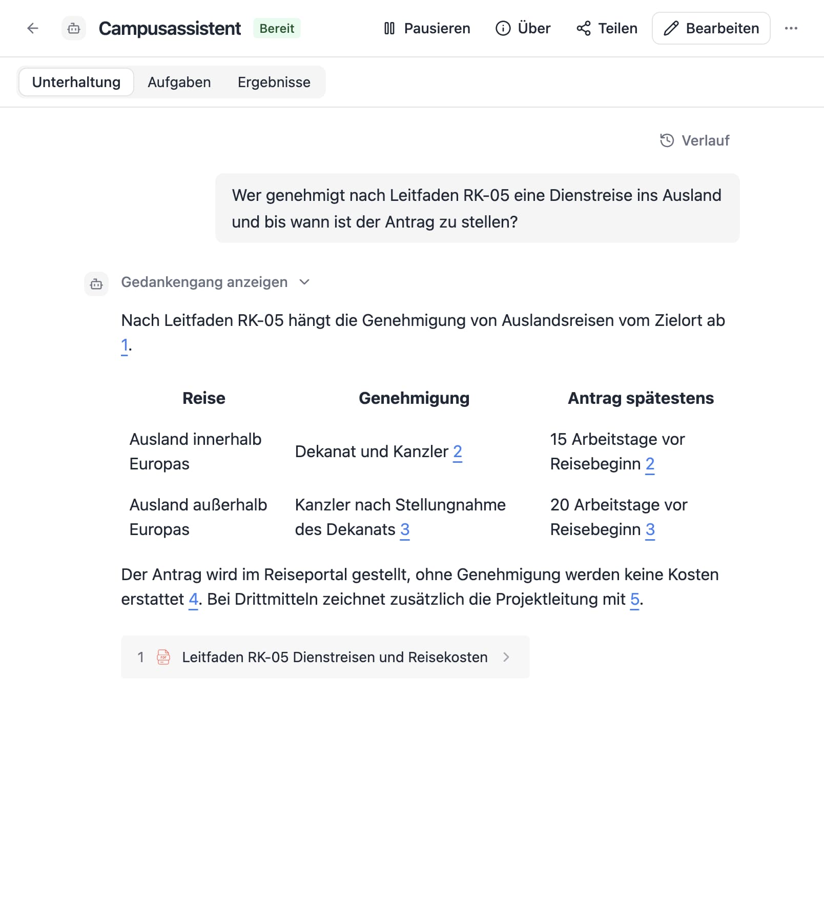 An agent in Thero answers the German question “Wer genehmigt nach Leitfaden RK-05 eine Dienstreise ins Ausland und bis wann ist der Antrag zu stellen?” from sample documents and cites its sources.