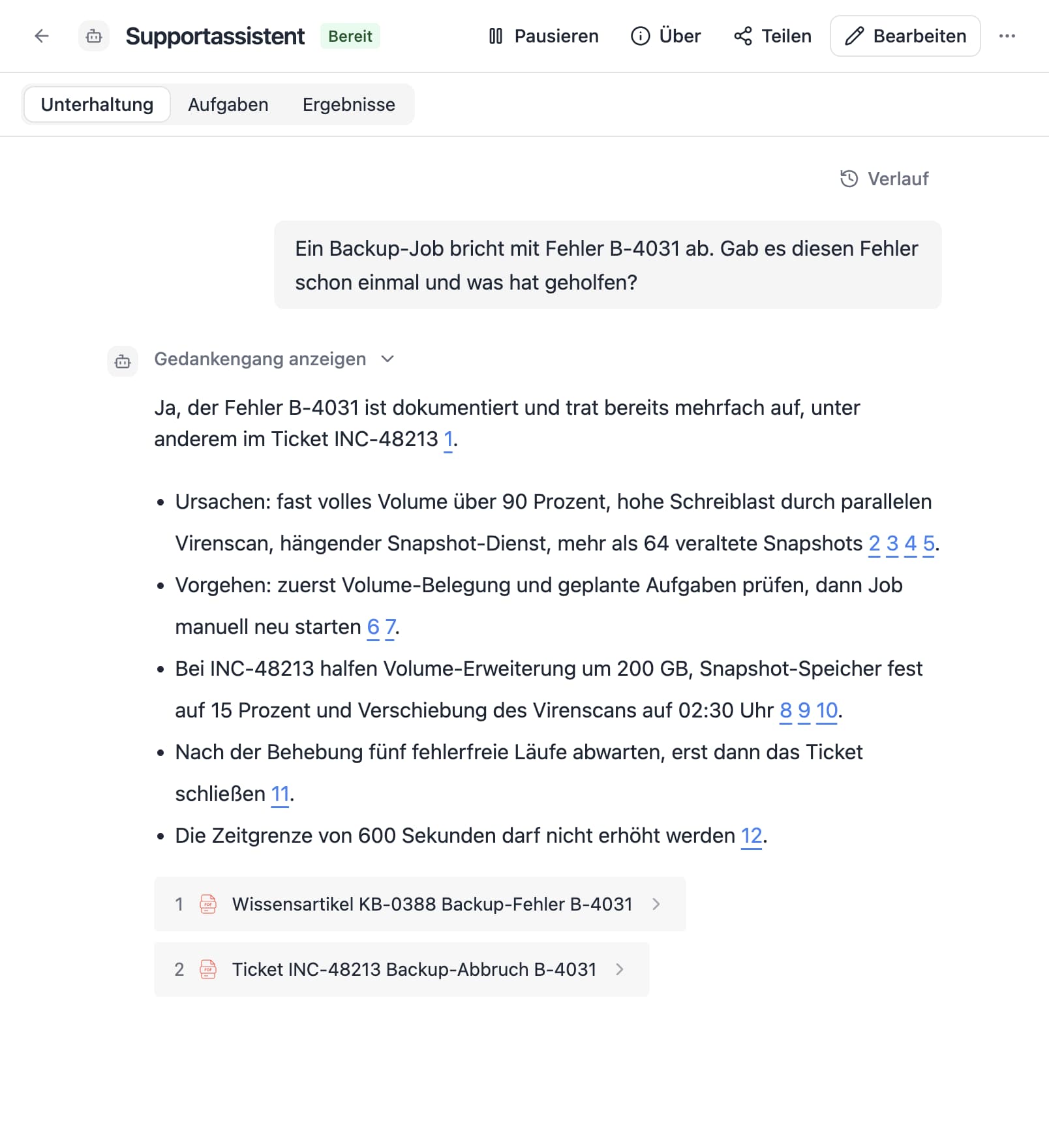 Ein Agent in Thero beantwortet die Frage „Ein Backup-Job bricht mit Fehler B-4031 ab. Gab es diesen Fehler schon einmal und was hat geholfen?“ aus Beispieldokumenten und nennt die Quellen.