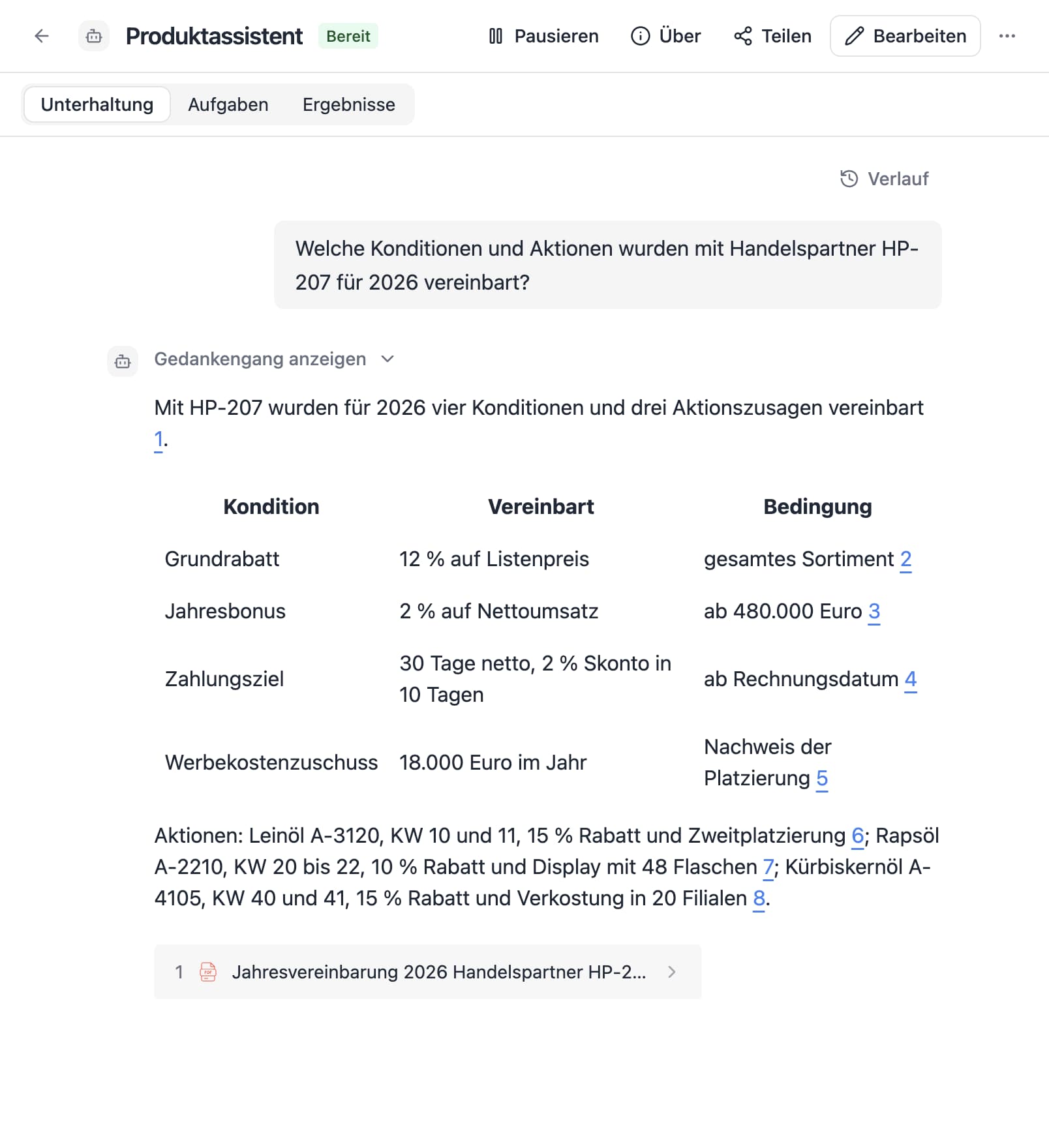 Ein Agent in Thero beantwortet die Frage „Welche Konditionen und Aktionen wurden mit Handelspartner HP-207 für 2026 vereinbart?“ aus Beispieldokumenten und nennt die Quellen.