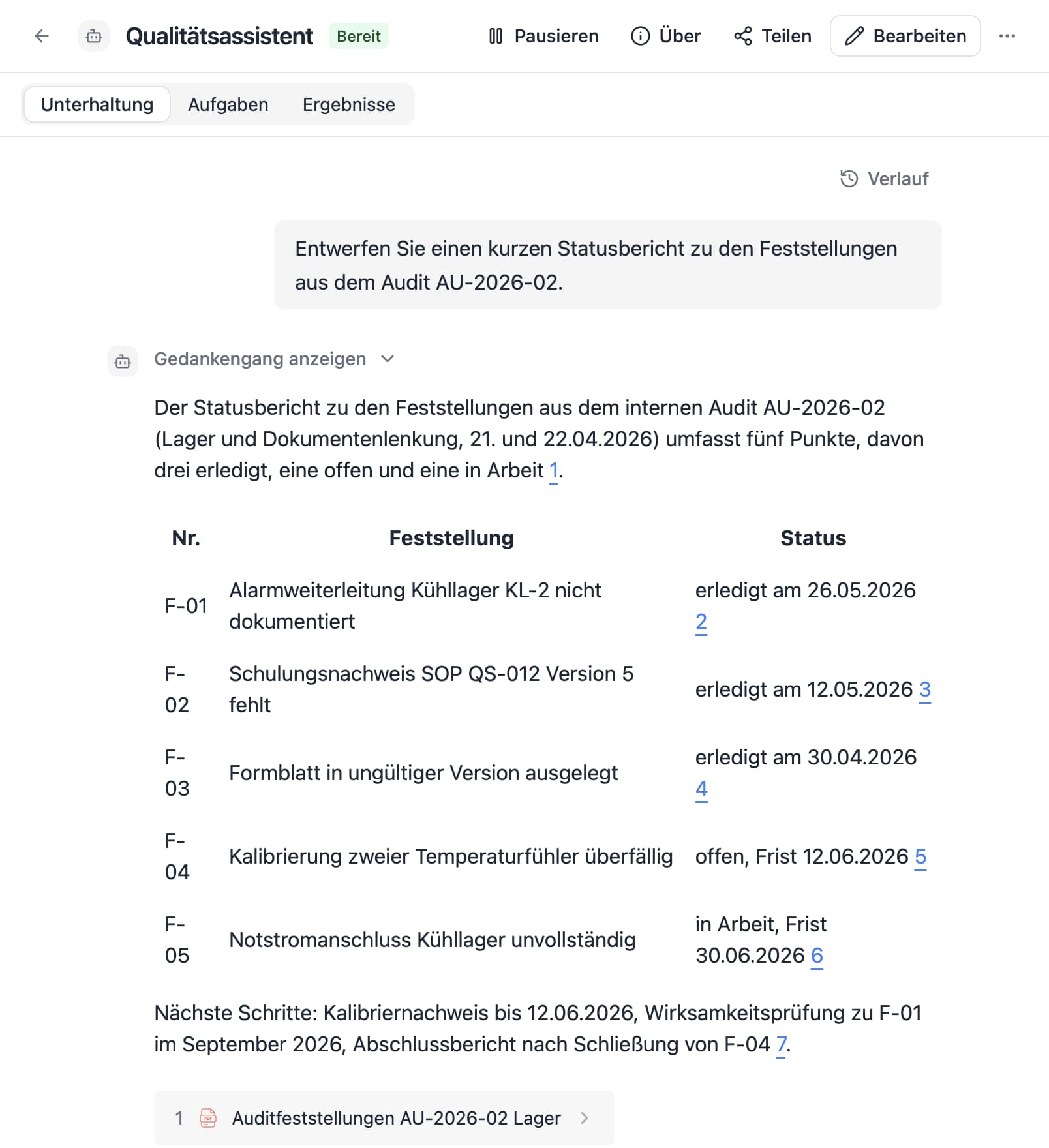 Ein Agent in Thero beantwortet die Frage „Entwerfen Sie einen kurzen Statusbericht zu den Feststellungen aus dem Audit AU-2026-02.“ aus Beispieldokumenten und nennt die Quellen.