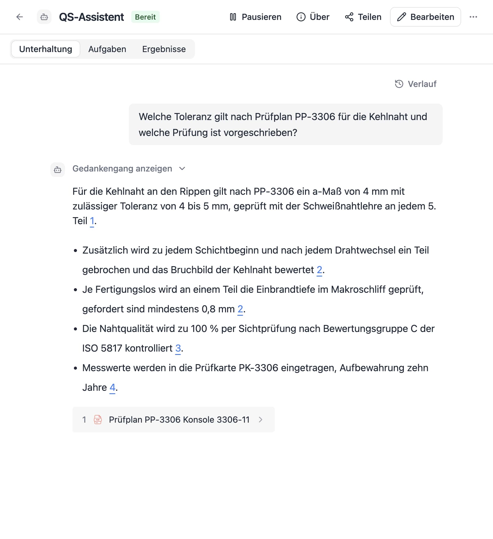 An agent in Thero answers the German question “Welche Toleranz gilt nach Prüfplan PP-3306 für die Kehlnaht und welche Prüfung ist vorgeschrieben?” from sample documents and cites its sources.