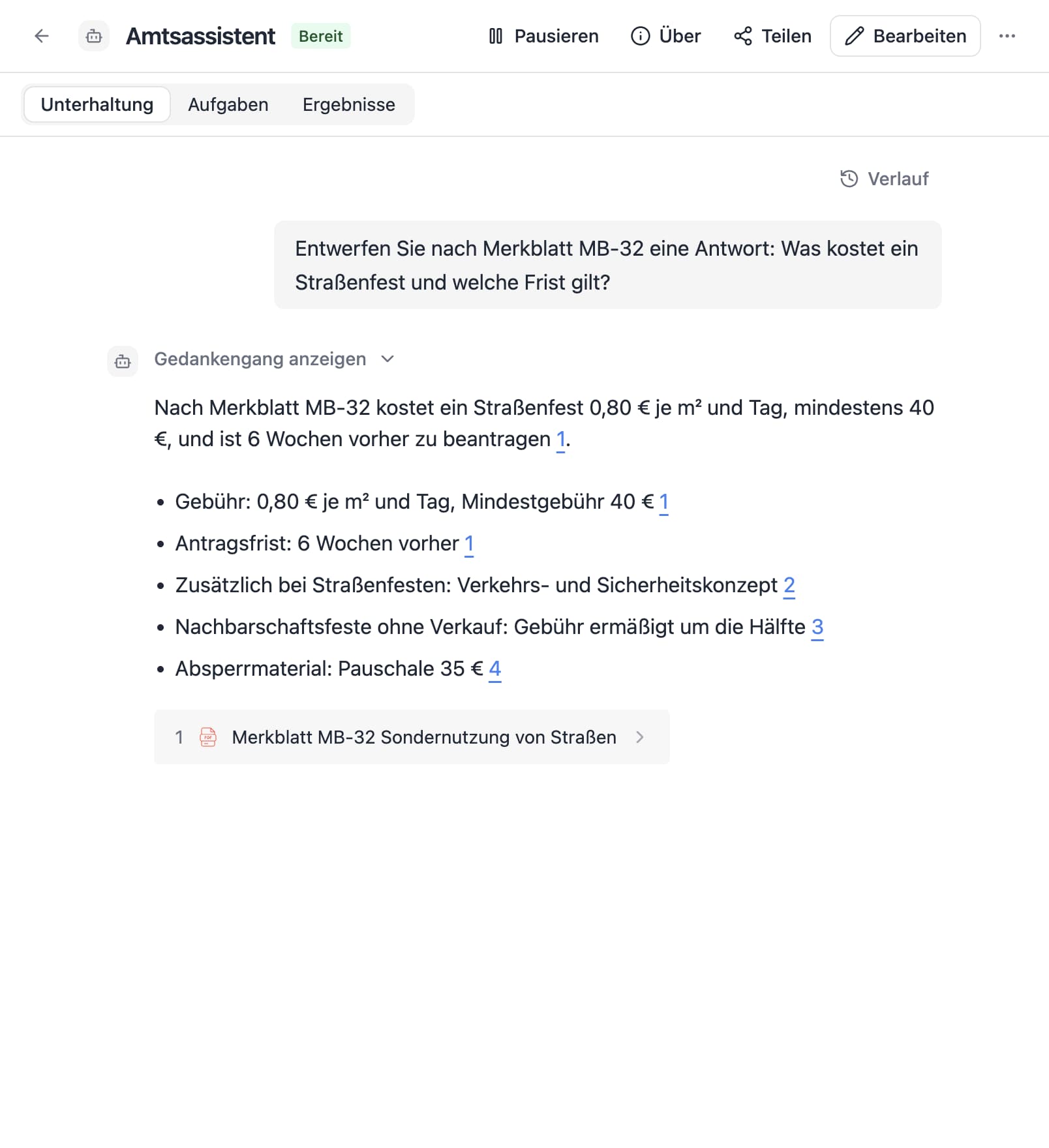 An agent in Thero answers the German question “Entwerfen Sie nach Merkblatt MB-32 eine Antwort: Was kostet ein Straßenfest und welche Frist gilt?” from sample documents and cites its sources.