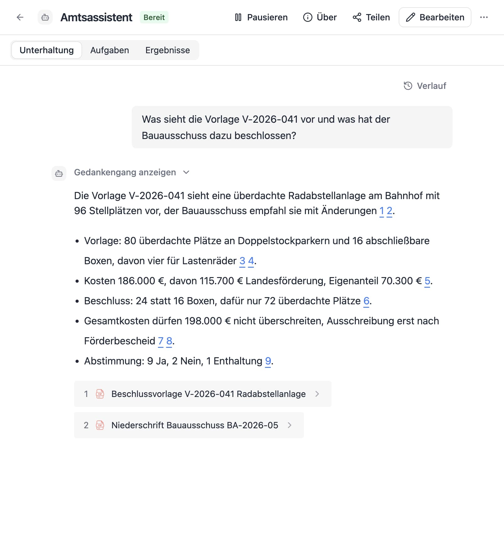 An agent in Thero answers the German question “Was sieht die Vorlage V-2026-041 vor und was hat der Bauausschuss dazu beschlossen?” from sample documents and cites its sources.