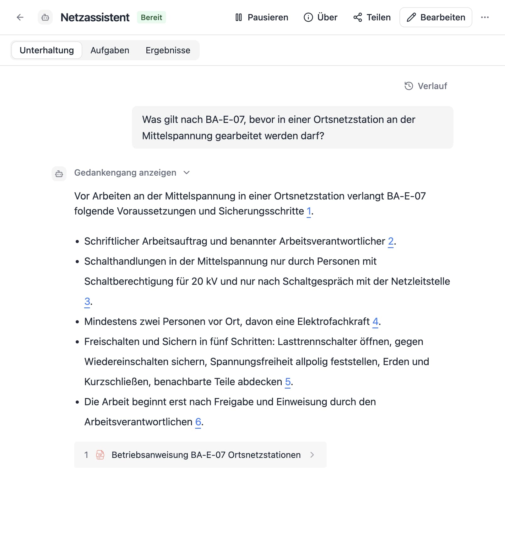 An agent in Thero answers the German question “Was gilt nach BA-E-07, bevor in einer Ortsnetzstation an der Mittelspannung gearbeitet werden darf?” from sample documents and cites its sources.