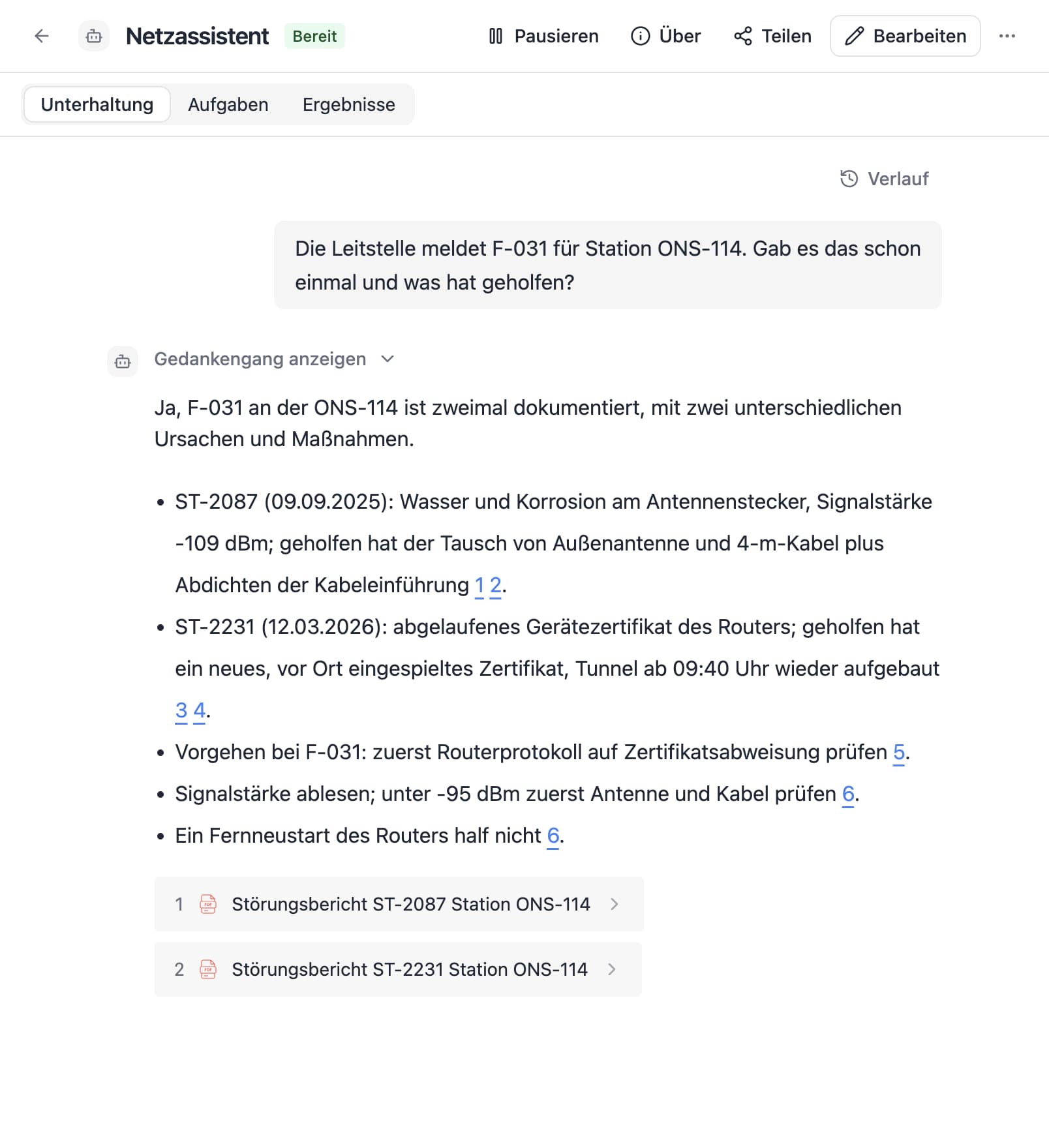 An agent in Thero answers the German question “Die Leitstelle meldet F-031 für Station ONS-114. Gab es das schon einmal und was hat geholfen?” from sample documents and cites its sources.