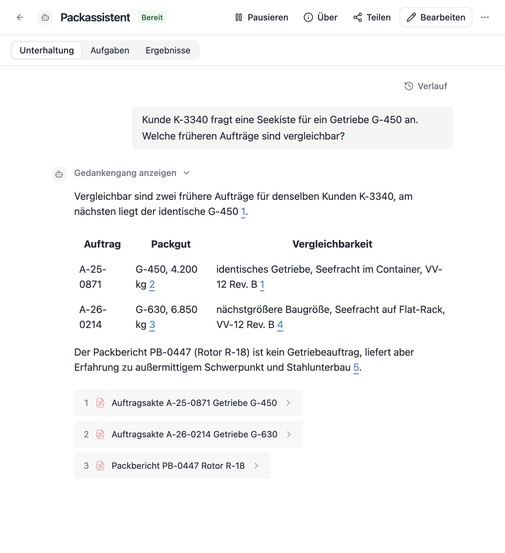 Ein Agent in Thero beantwortet die Frage „Kunde K-3340 fragt eine Seekiste für ein Getriebe G-450 an. Welche früheren Aufträge sind vergleichbar?“ aus Beispieldokumenten und nennt die Quellen.