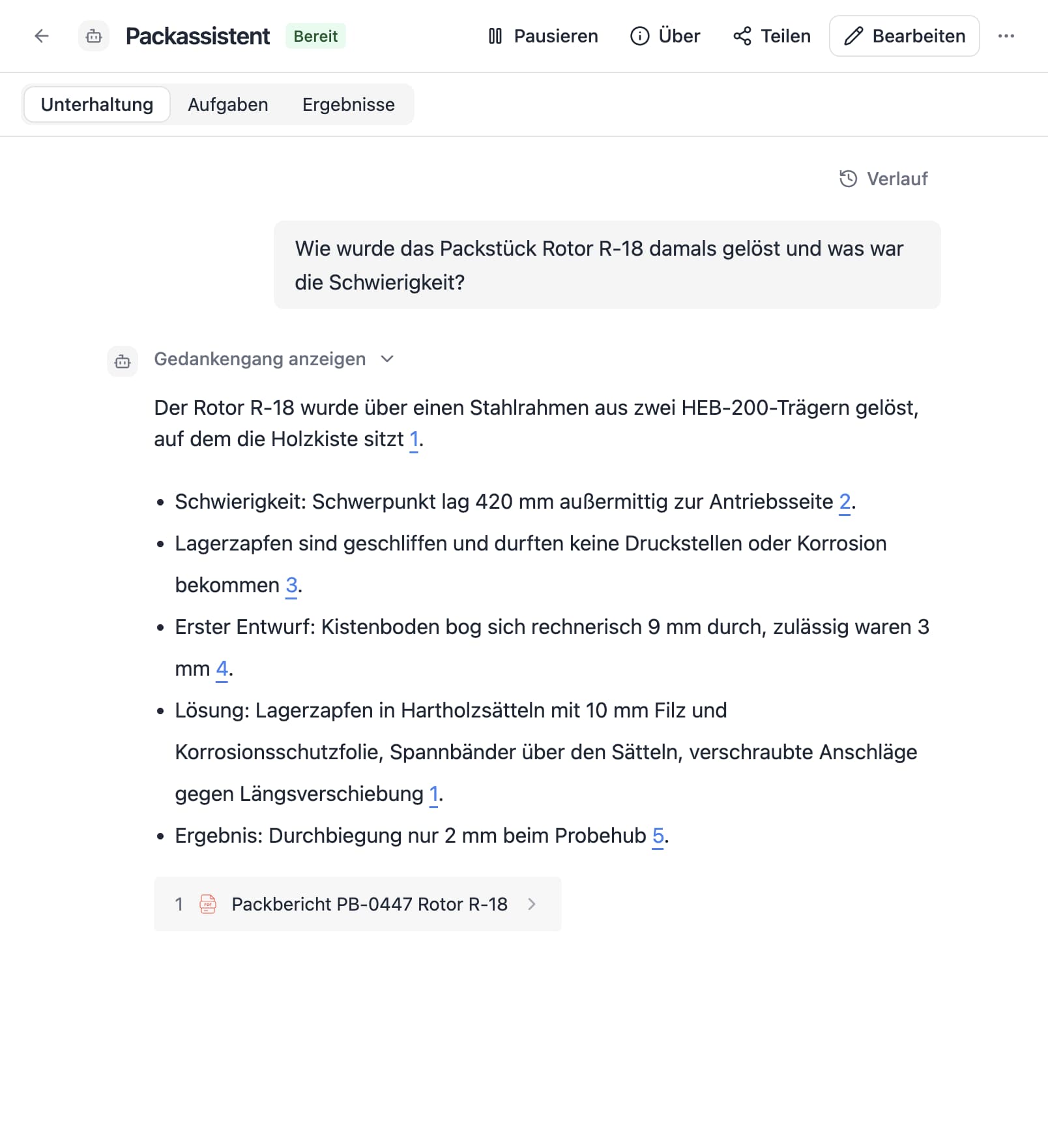 Ein Agent in Thero beantwortet die Frage „Wie wurde das Packstück Rotor R-18 damals gelöst und was war die Schwierigkeit?“ aus Beispieldokumenten und nennt die Quellen.