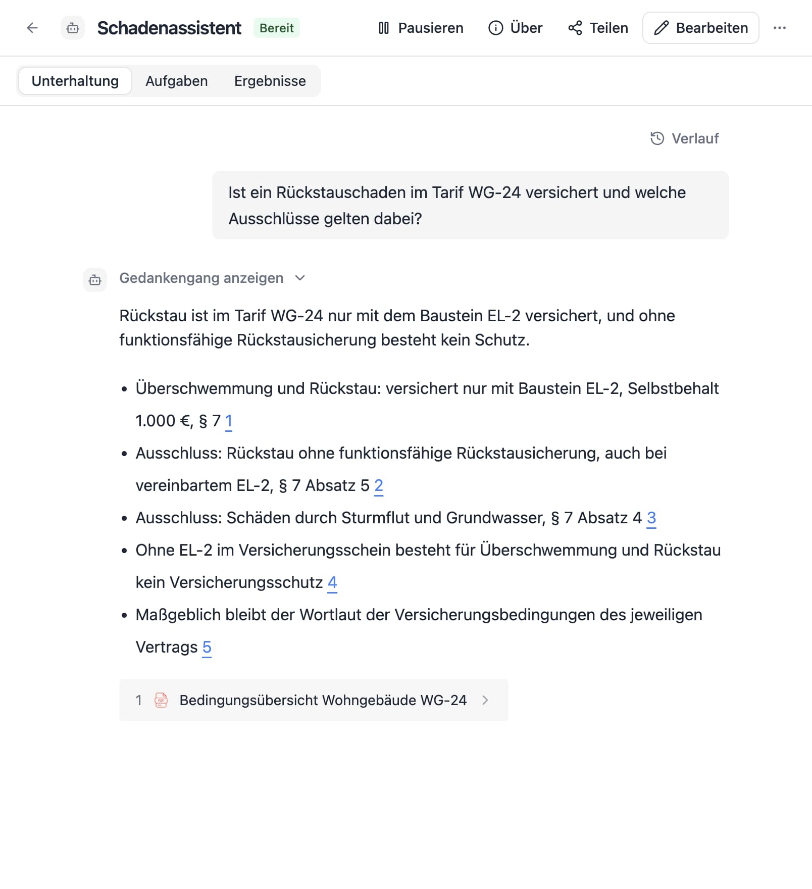 Ein Agent in Thero beantwortet die Frage „Ist ein Rückstauschaden im Tarif WG-24 versichert und welche Ausschlüsse gelten dabei?“ aus Beispieldokumenten und nennt die Quellen.