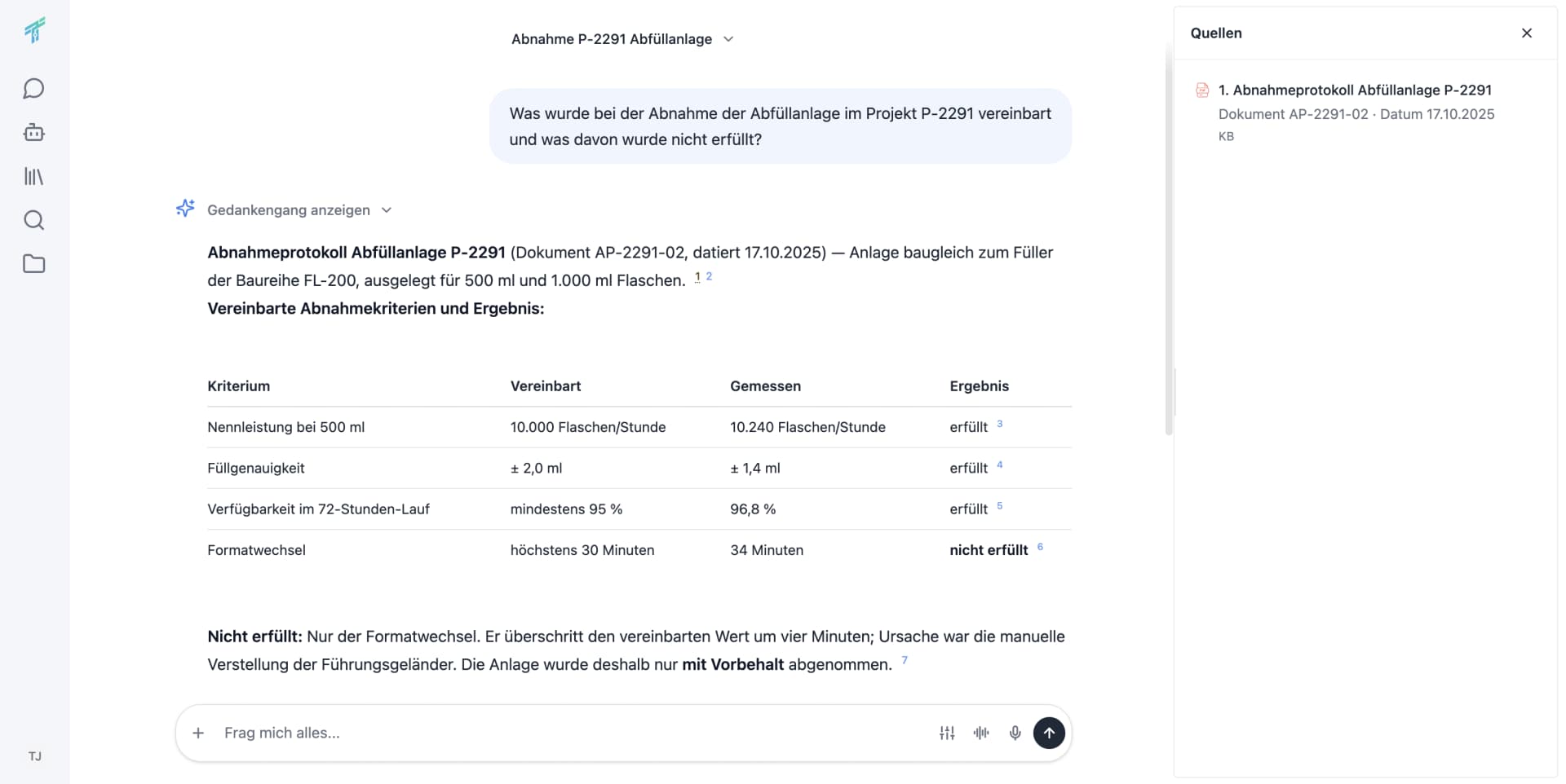 The source panel of an answer in TheroAI, here in the German interface with fictional demo documents: it names the document, the acceptance report AP-2291-02, and its date 17.10.2025, so you can check which version the answer rests on.