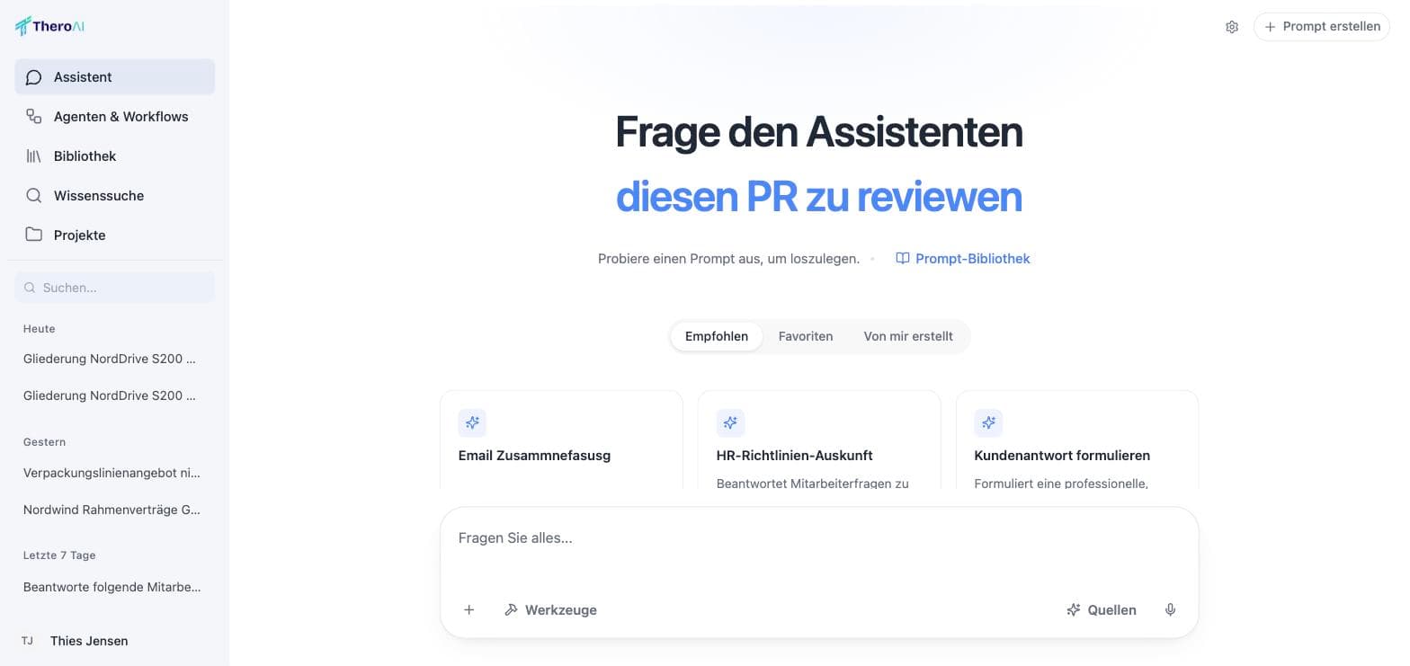 The Thero assistant with the heading “Frage den Assistenten”, a prompt library of starter suggestions and the composer at the bottom.
