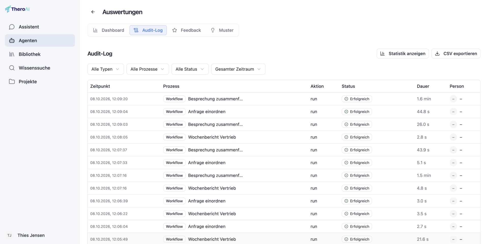 The audit log in the TheroAI insights (German interface): filters for type, process, status and time range, the buttons “Statistik anzeigen” (show stats) and “CSV exportieren” (export CSV), and a table with Zeitpunkt, Prozess, Aktion, Status, Dauer and Person