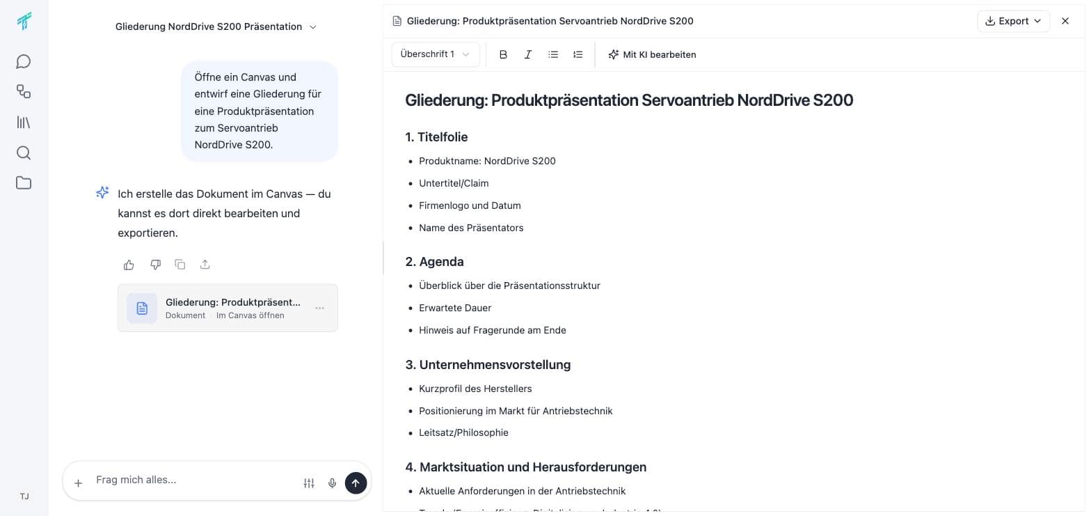 The canvas beside the chat: an outline for a product presentation with formatting bar, edit-with-AI and export button.