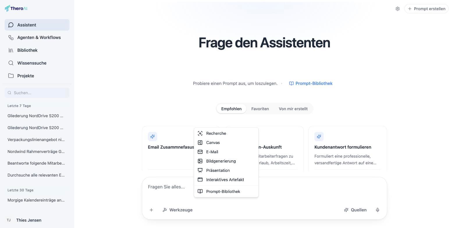 The tools menu on the composer with research, canvas, email, image generation, presentation, interactive artifact and prompt library.