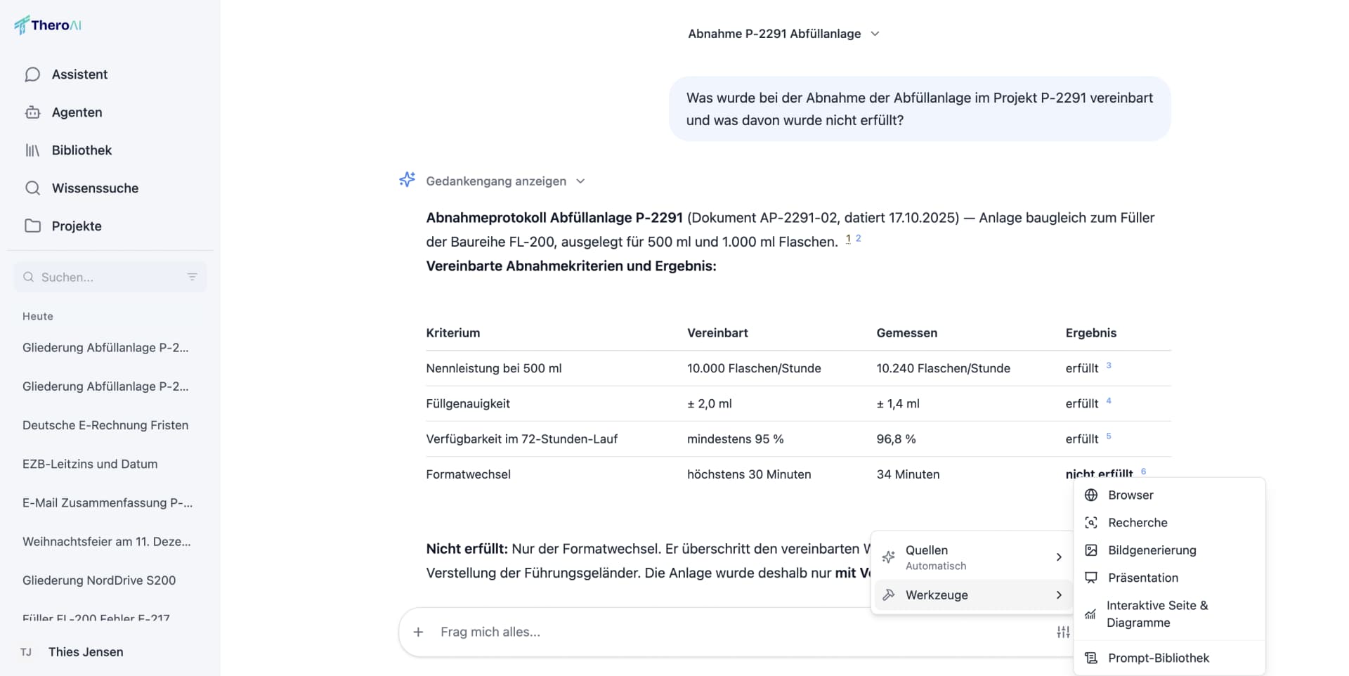 The “Werkzeuge” submenu on the composer with Browser, Recherche, Bildgenerierung, Präsentation, Interaktive Seite & Diagramme and Prompt-Bibliothek.