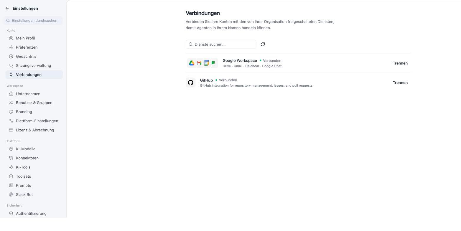 The personal connections page: Google Workspace (Drive, Gmail, Calendar, Google Chat) and GitHub, both connected, with a disconnect button.