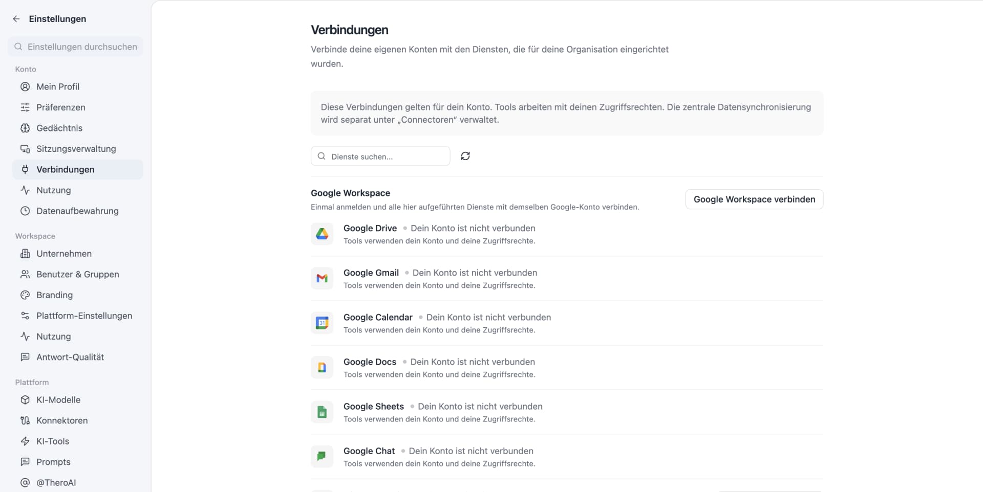 Die Seite „Verbindungen“: Dienste von Google Workspace, deren Tools mit den eigenen Zugriffsrechten arbeiten.