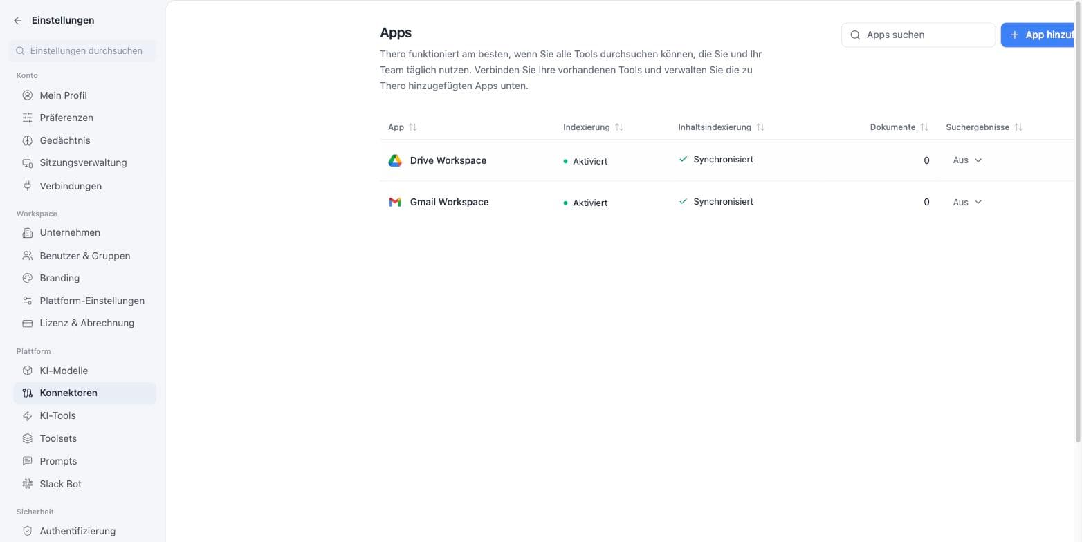 The connectors overview in the settings: Drive Workspace and Gmail Workspace with the status synchronised.