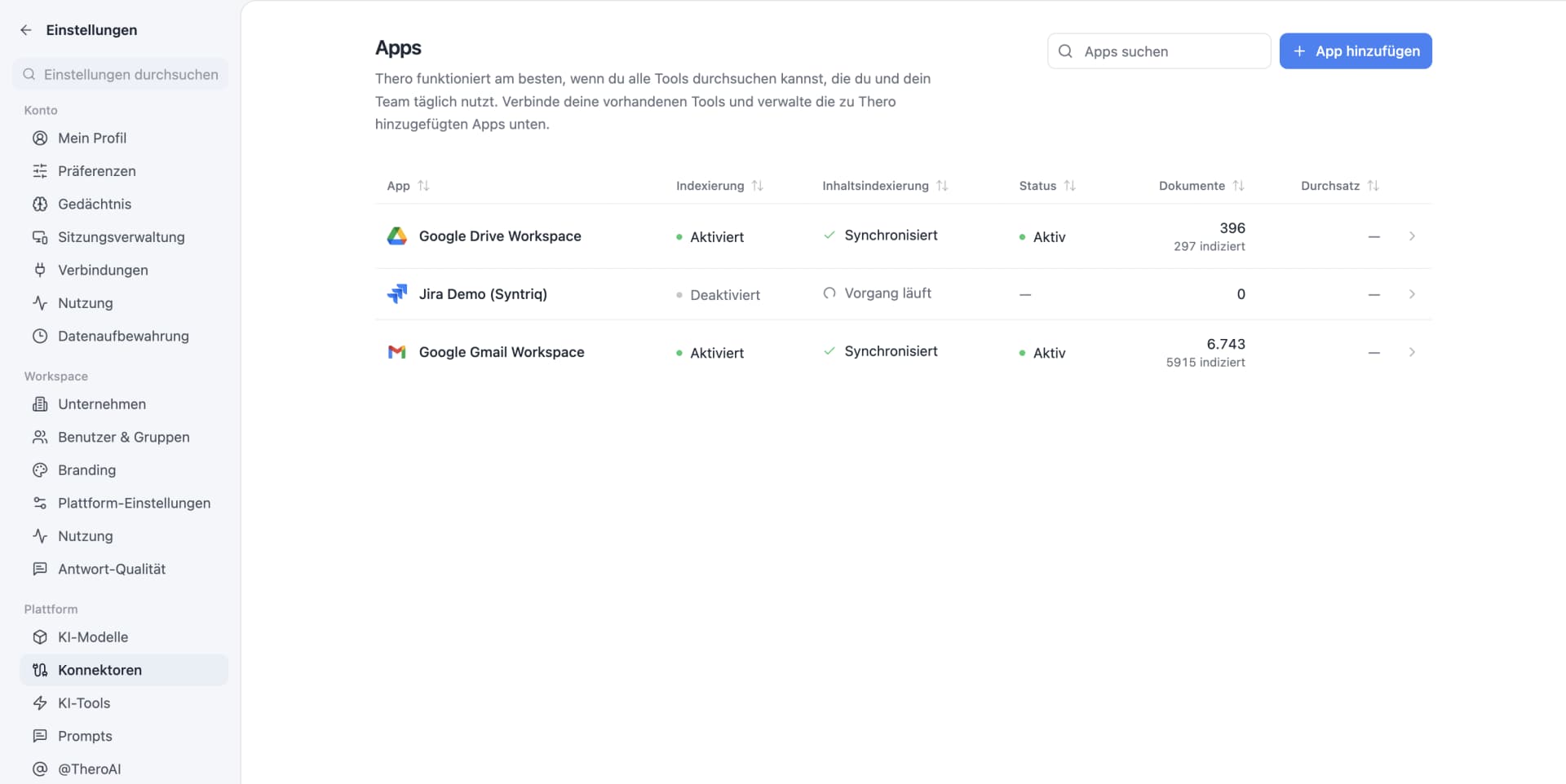 The list of connected apps in TheroAI, here in the German interface with demo data: Google Drive with 396 documents, 297 of them indexed, and Gmail with 6,743 documents, 5,915 of them indexed.