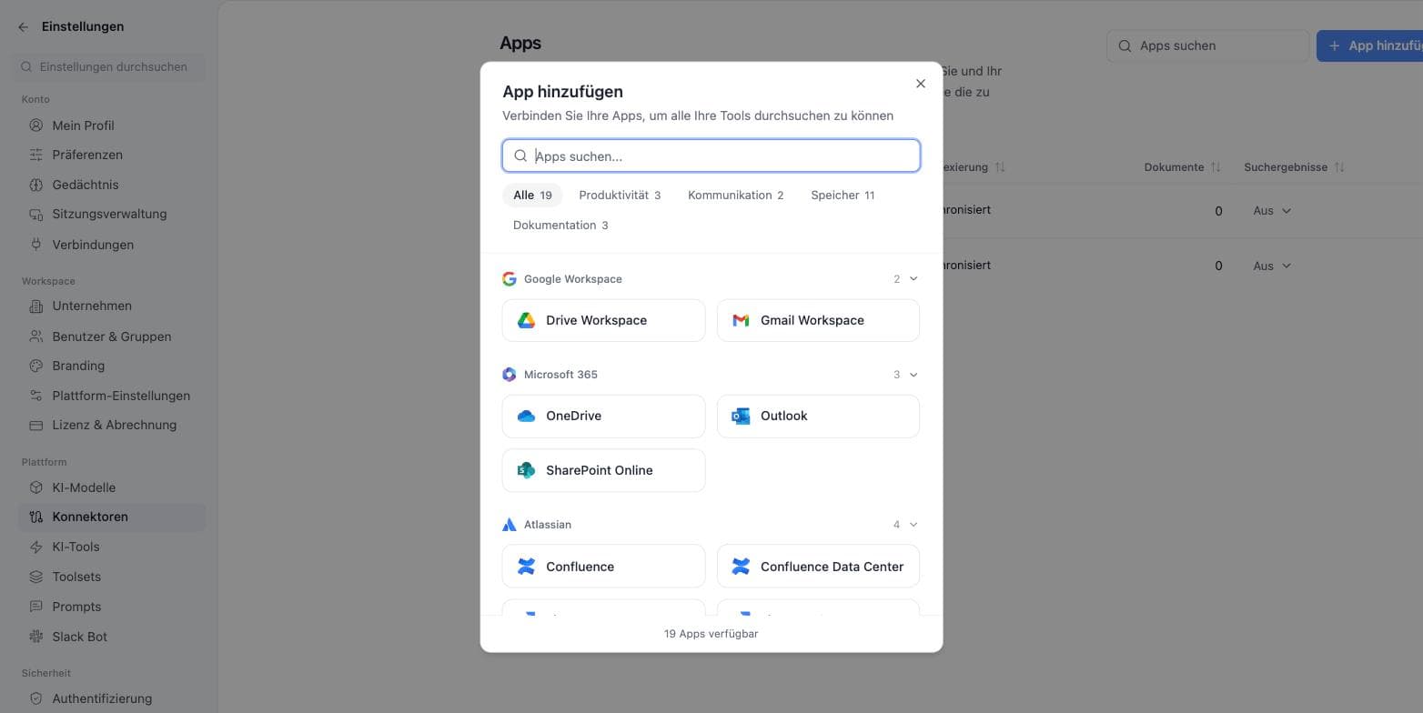 The add-app dialog with the Google Workspace, Microsoft 365 and Atlassian groups and the footer reading 19 apps available.