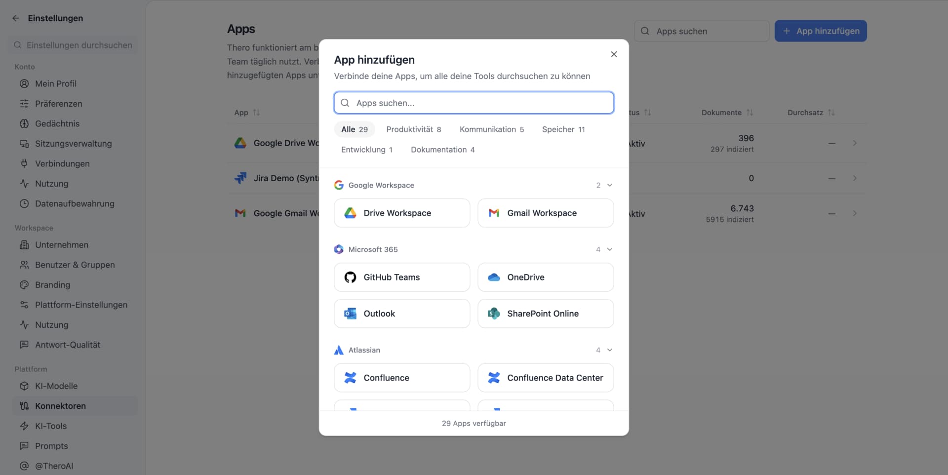 Der Konnektor-Katalog in TheroAI (deutsche Oberfläche): Der Dialog „App hinzufügen“ zeigt 29 verfügbare Apps, gruppiert nach Google Workspace, Microsoft 365 und Atlassian