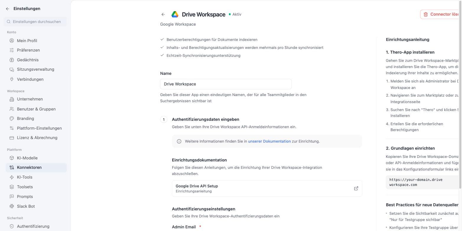 The Drive Workspace connector setup with ticks for indexing user permissions and hourly synchronisation, alongside the setup guide.