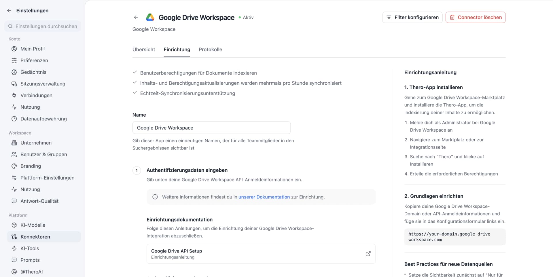 Die Einrichtung des Google-Drive-Konnektors in der deutschen Oberfläche von TheroAI mit drei abgehakten Punkten zu Berechtigungen und Aktualisierung sowie der Einrichtungsanleitung rechts