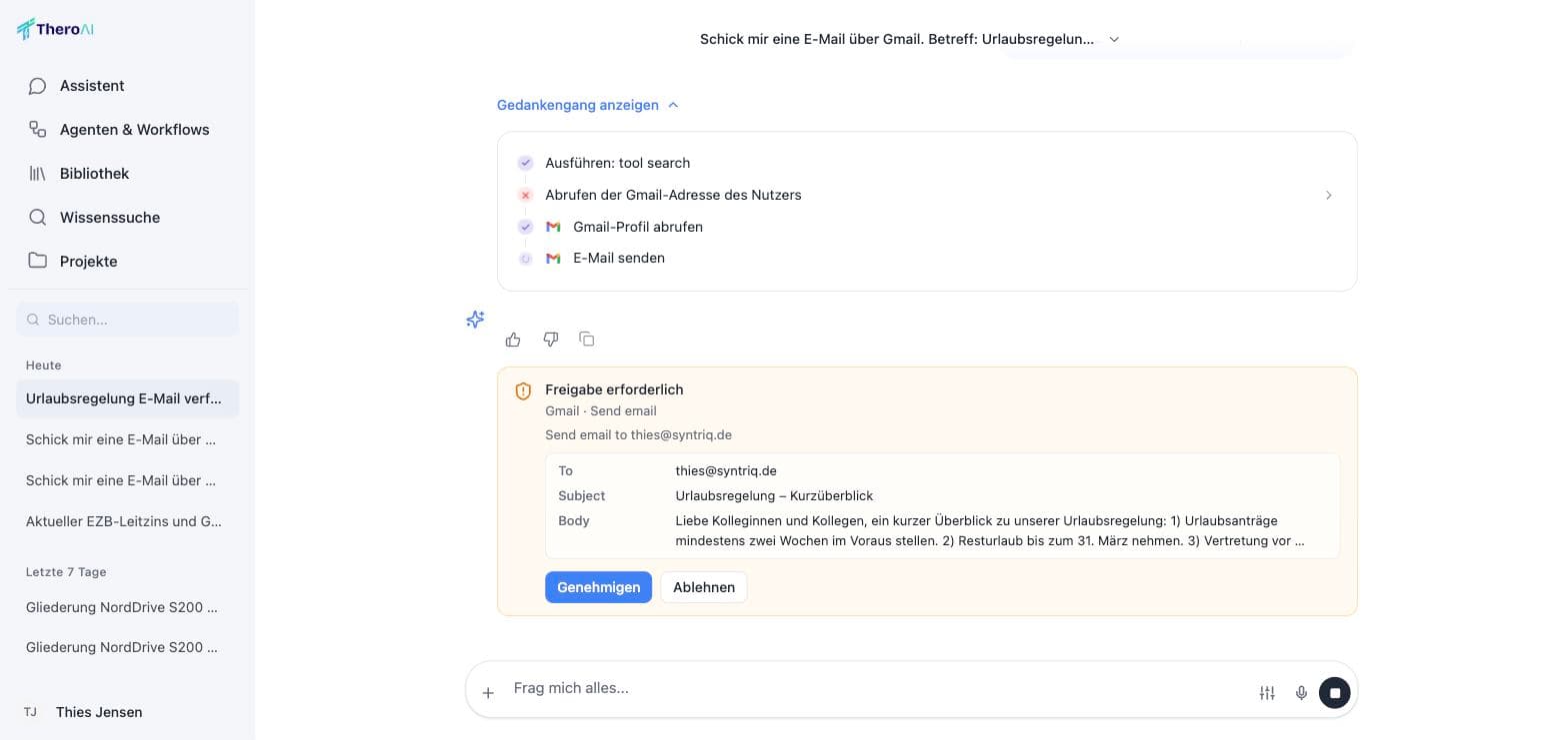 The approval card in the chat: preview of an email's recipient, subject and body with approve and decline buttons.