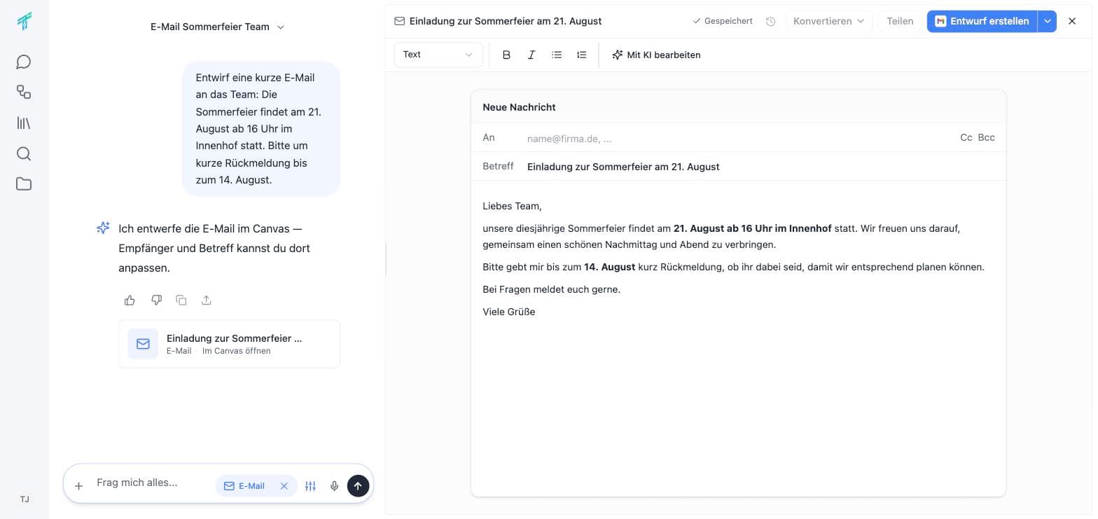 The email canvas with To, Cc/Bcc and subject fields, the finished text of a team invitation and the “create draft” button with the Gmail icon.