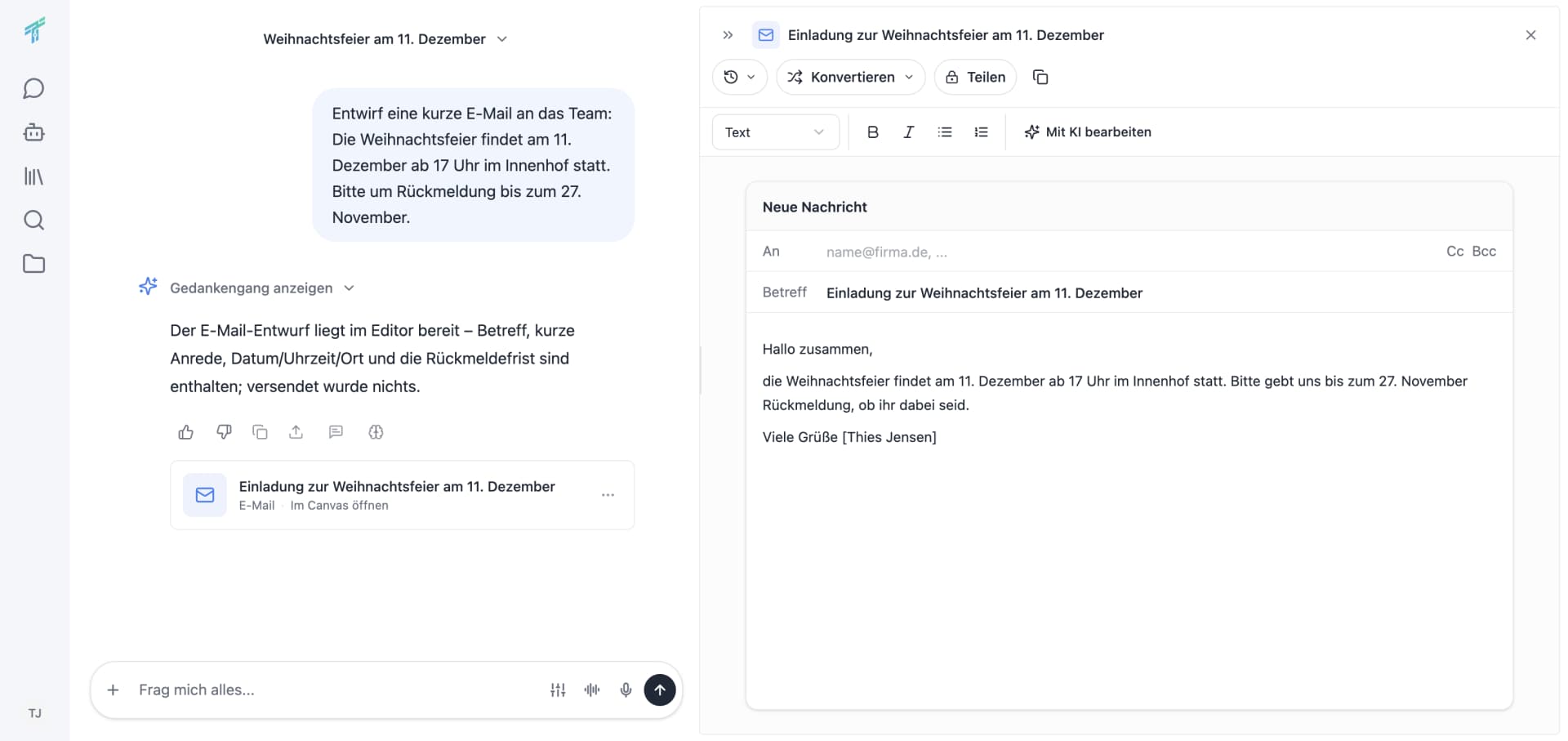 The email canvas beside the chat with the fields An, Cc/Bcc and Betreff, the finished text of an invitation to the Christmas party and the toolbar with Konvertieren, Teilen and “Mit KI bearbeiten”.