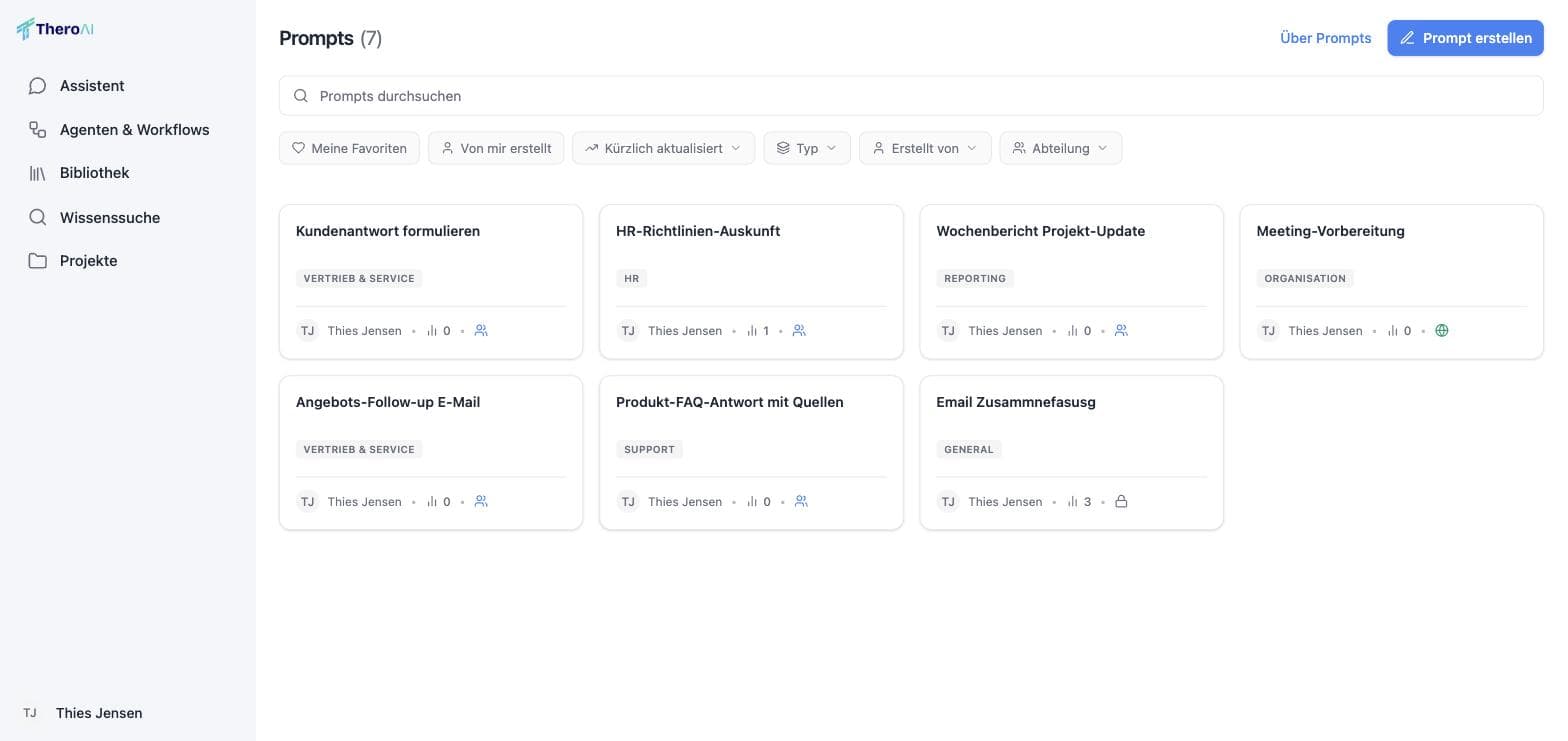 The prompt library with seven templates such as HR policy answers and customer replies, filtered by favourites, type and department.
