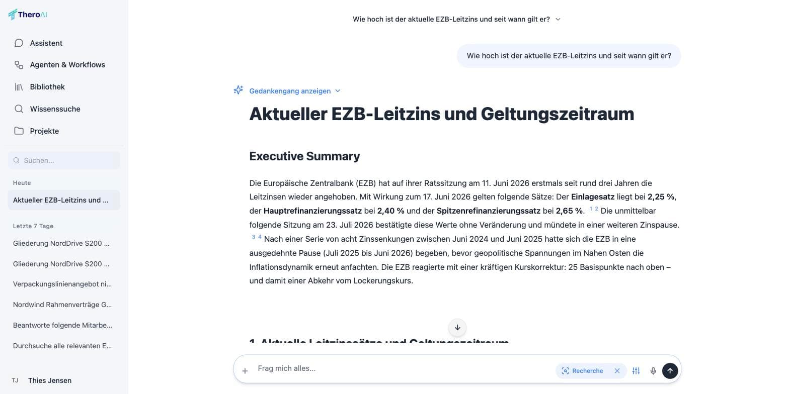 A research report in the chat with an executive summary and numbered source references in the text.