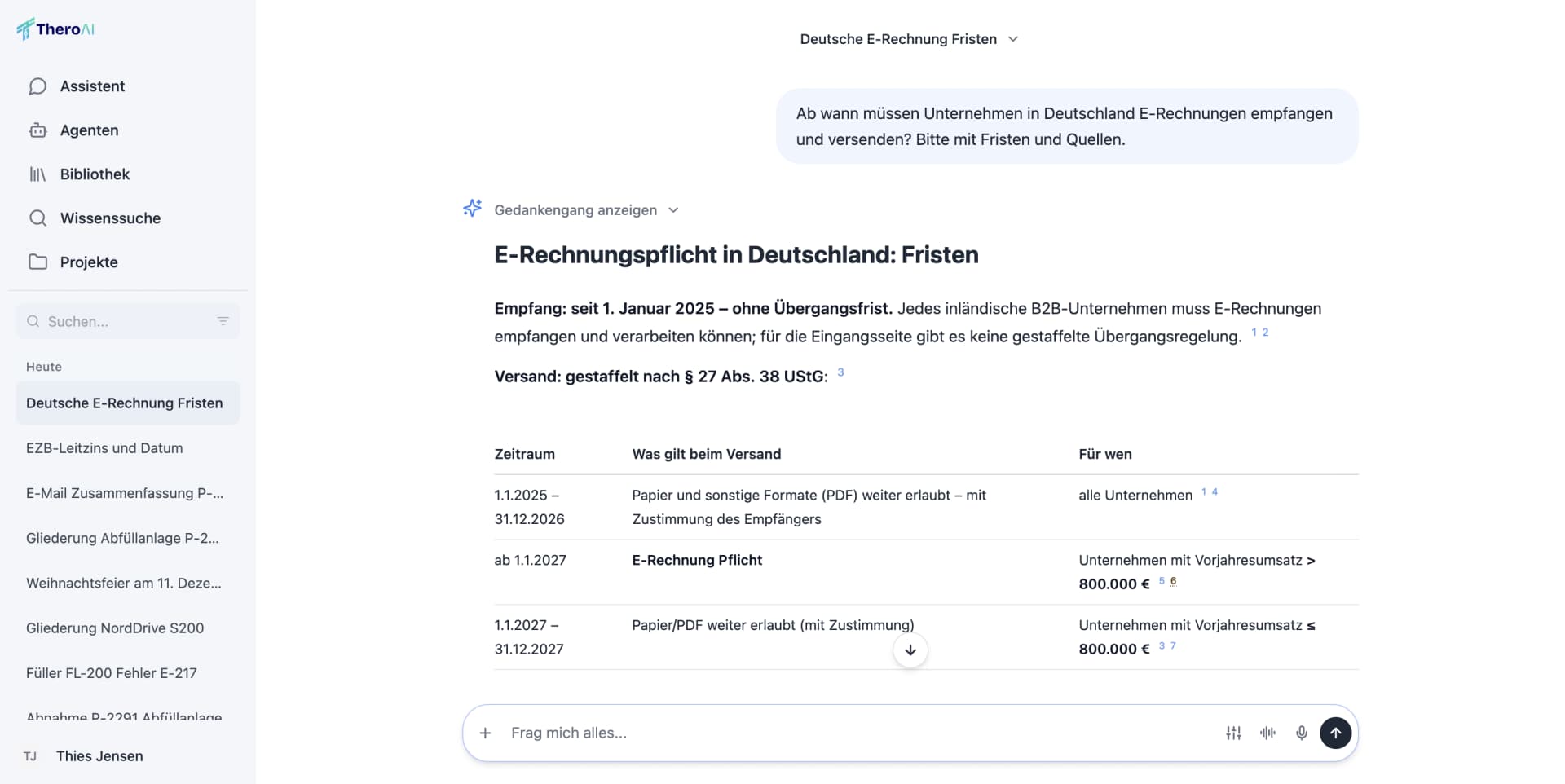 Eine Recherche-Antwort zur E-Rechnungspflicht mit Tabelle und nummerierten Quellenverweisen.