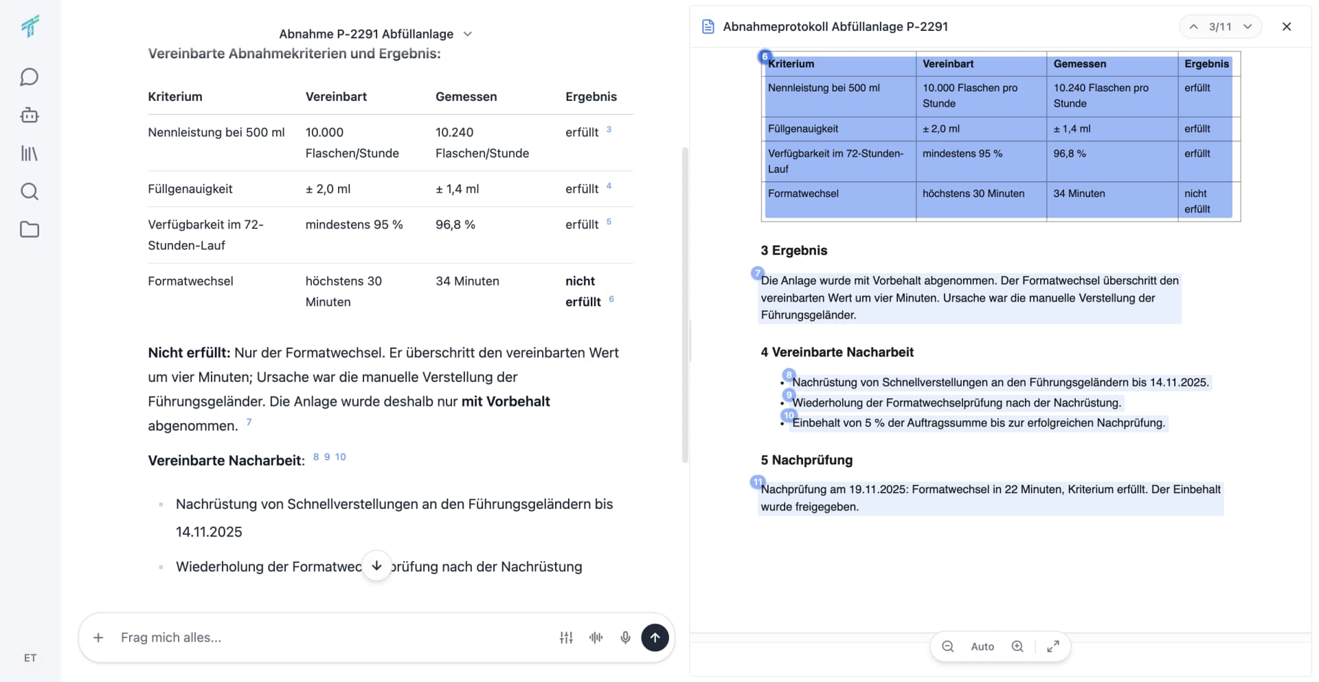 Aufnahme der Anwendung: links die Antwort mit einer Tabelle der Abnahmekriterien und nummerierten Quellenzahlen, rechts das geöffnete PDF „Abnahmeprotokoll Abfüllanlage P-2291“ mit markierten Textstellen und der Navigation 3/11 zwischen den Belegen.
