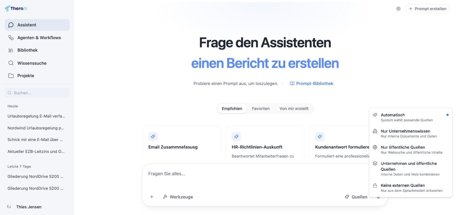 The open sources menu on the composer with its five options: automatic, company knowledge only, public sources only, company and public sources, no external sources.