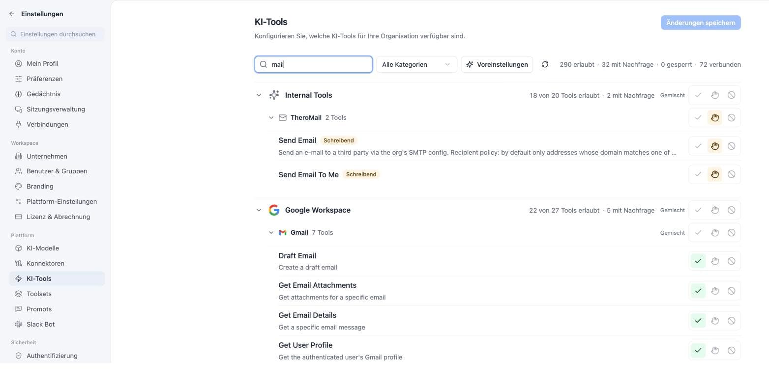 The AI-tools settings filtered to mail: TheroMail and Gmail tools with allowed and ask-first status, the counter across all tools at the top.