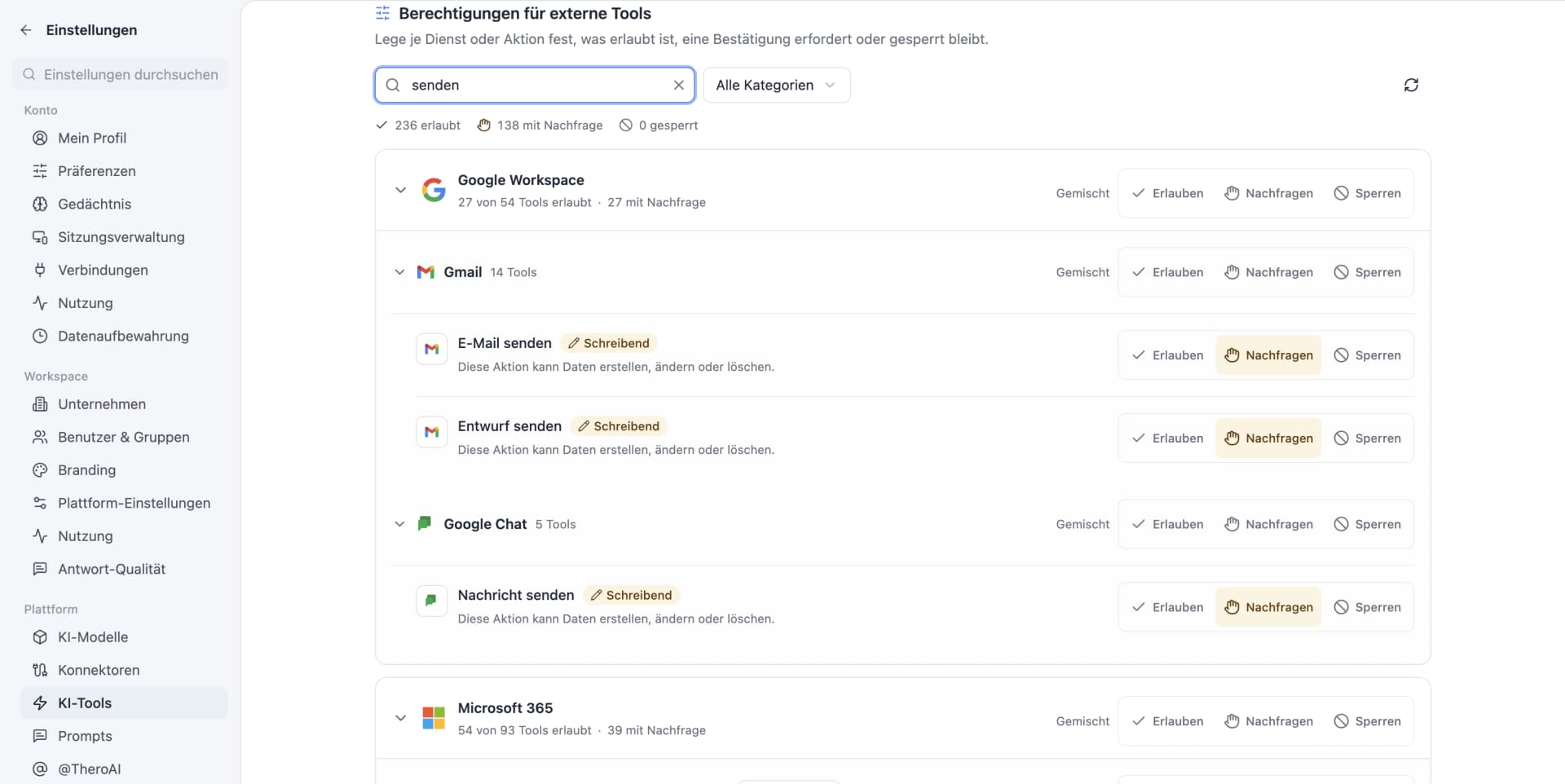 Die Einstellungen „KI-Tools“ in TheroAI (deutsche Oberfläche): Berechtigungen für externe Tools mit der Summe 236 erlaubt, 138 mit Nachfrage und 0 gesperrt in der Demo-Umgebung, darunter Google Workspace mit je einer Auswahl aus Erlauben, Nachfragen und Sperren.