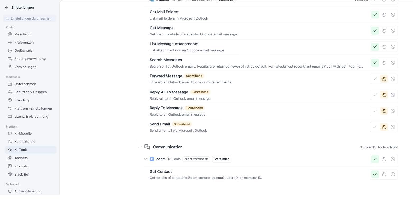 The AI-tools settings with the Outlook group: read tools allowed, write tools like send and reply marked ask-first.