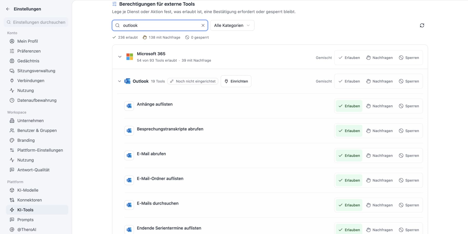 The “KI-Tools” settings filtered for “outlook”: the reading Outlook tools such as “Anhänge auflisten”, “E-Mail abrufen” and “E-Mails durchsuchen” are set to Erlauben (allow), each tool with the choice Erlauben, Nachfragen, Sperren.