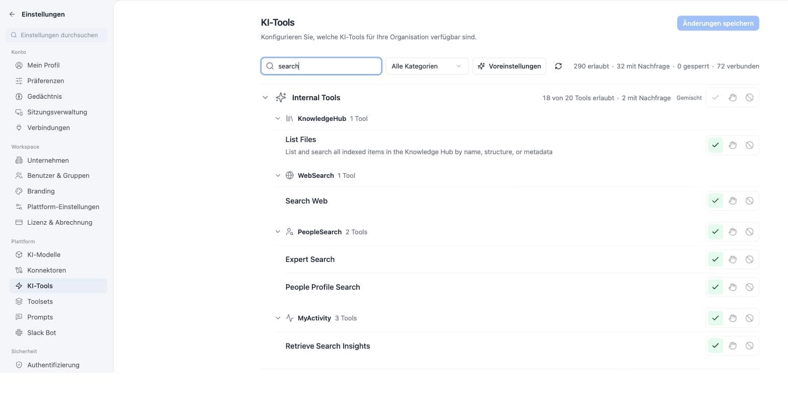 KI-Tools-Einstellungen, gefiltert auf Suche: WebSearch, PeopleSearch und KnowledgeHub sind rein lesende Werkzeuge und stehen alle auf Erlaubt